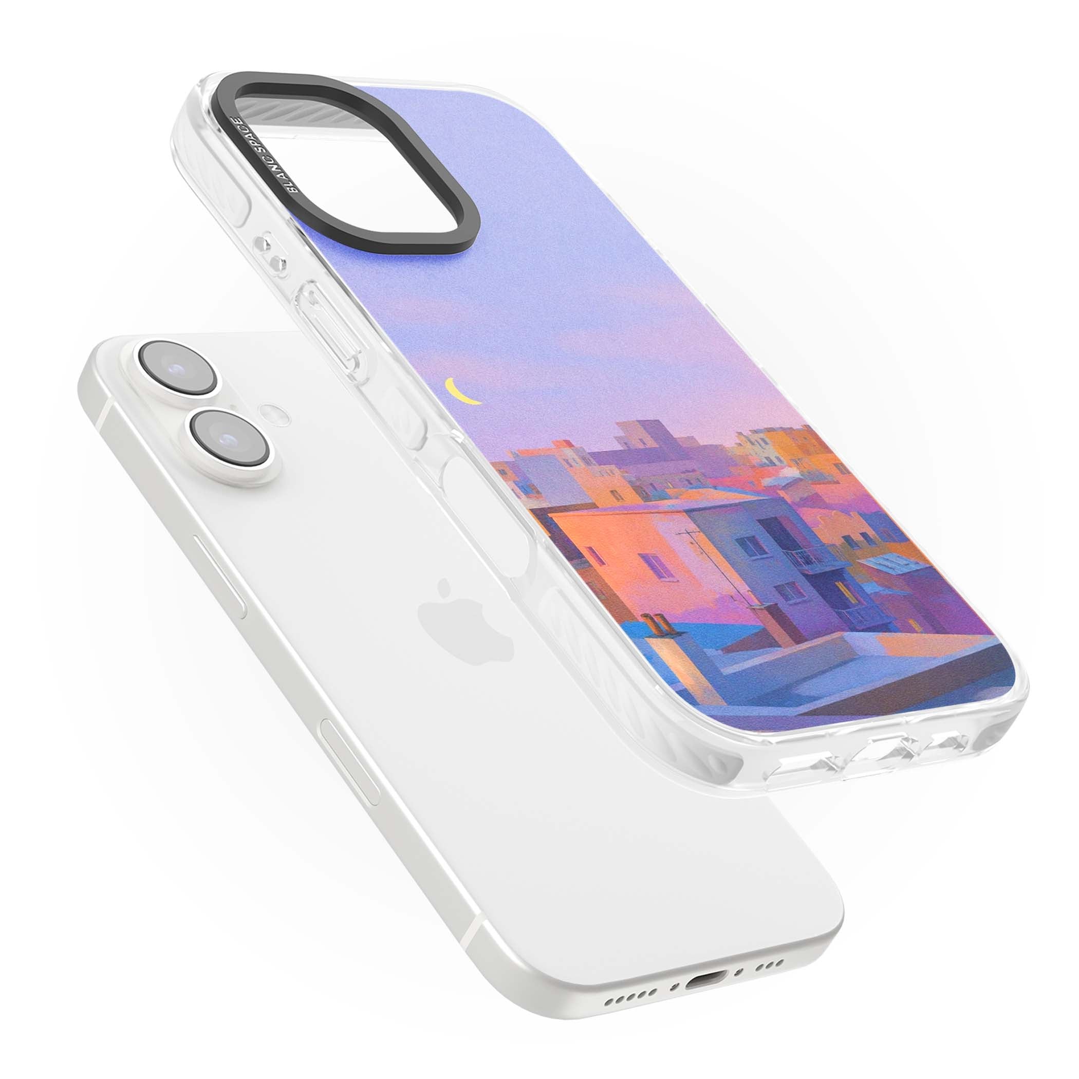 Twilight Rooftops vaporwave iPhone case featuring a pastel sunset cityscape, painted rooftops and a crescent moon. | Impact Magsafe case for iPhone 16, iPhone 16 Plus
