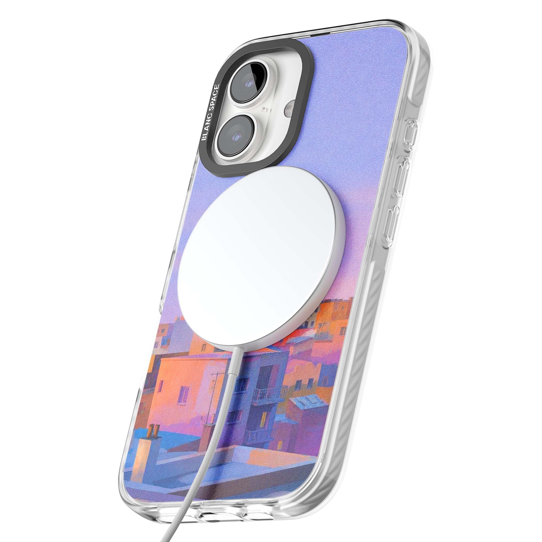 Twilight Rooftops vaporwave iPhone case featuring a pastel sunset cityscape, painted rooftops and a crescent moon. | Impact Magsafe case for iPhone 16, iPhone 16 Plus