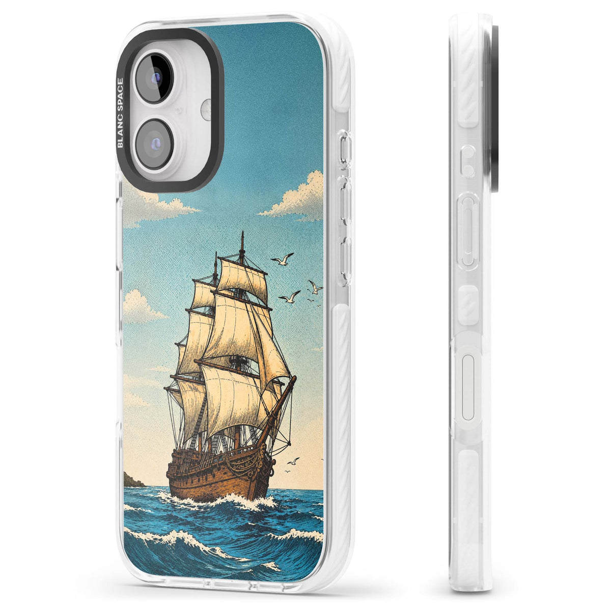 Ship at Sea nautical iPhone case featuring a vintage tall ship, ocean waves and seagulls | Impact Magsafe case for iPhone 16, iPhone 16 Plus