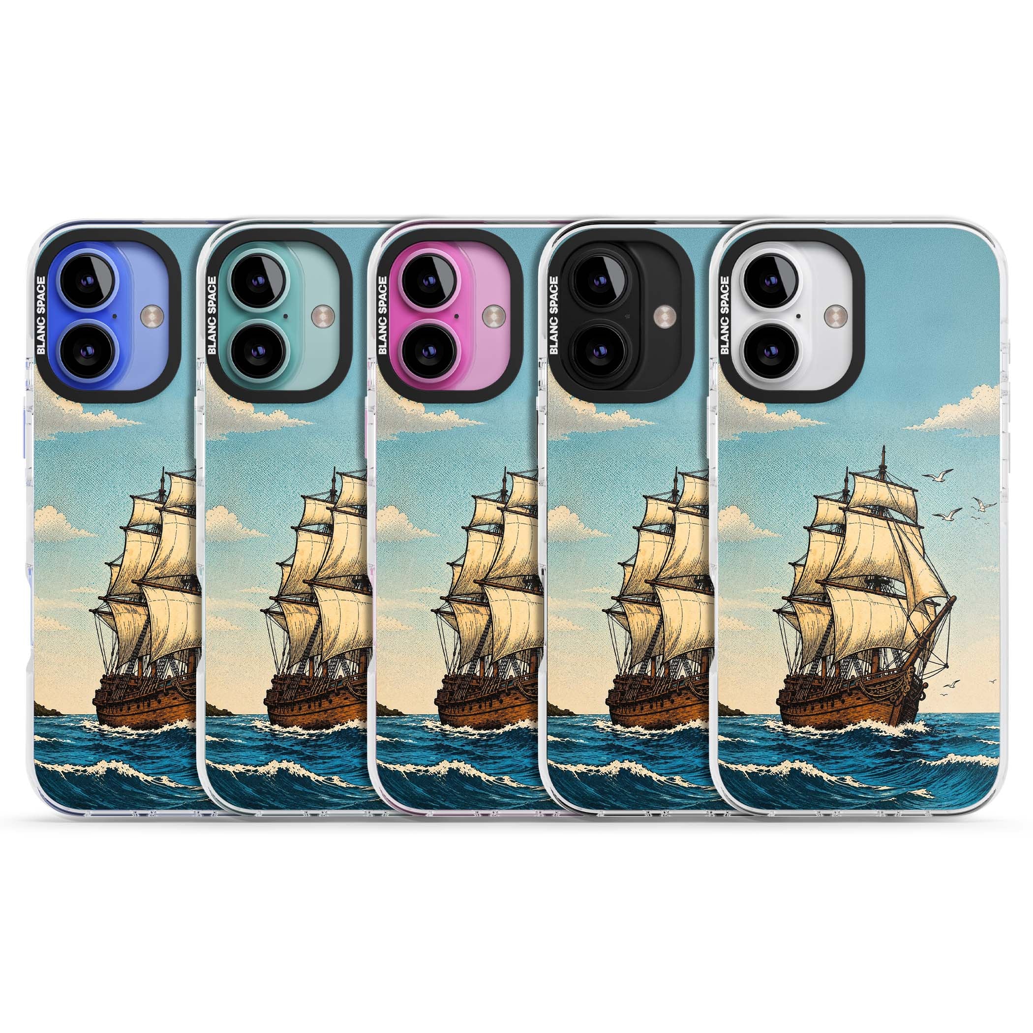 Ship at Sea nautical iPhone case featuring a vintage tall ship, ocean waves and seagulls | Impact Magsafe case for iPhone 16, iPhone 16 Plus