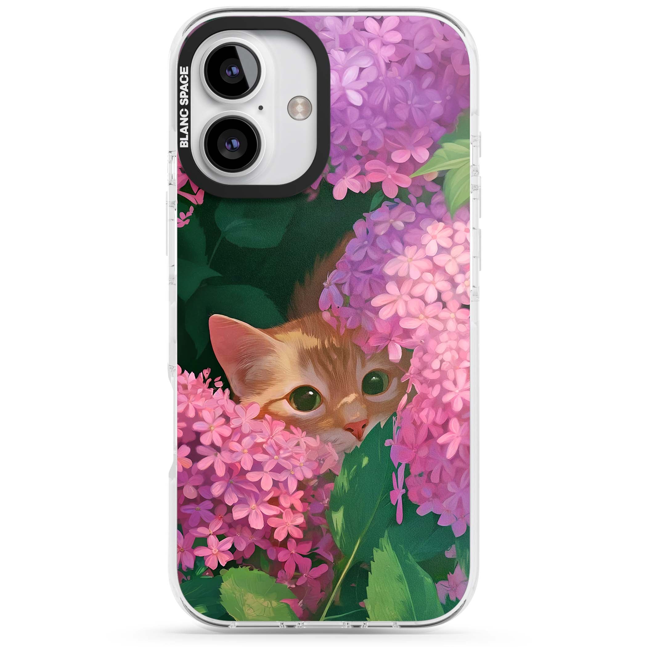 Cat In Pink Flowers cottagecore iPhone case featuring a ginger kitten peeking through lilac and pink hydrangea flo | Impact Magsafe case for iPhone 16, iPhone 16 Plus