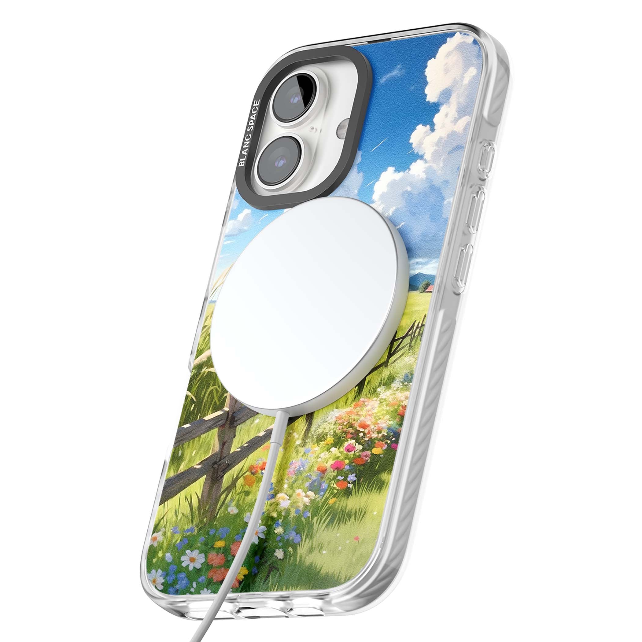 A Countryside Afternoon cottagecore iPhone case featuring a painted countryside meadow, wooden fence, and wildflowers beneath | Impact Magsafe case for iPhone 16, iPhone 16 Plus