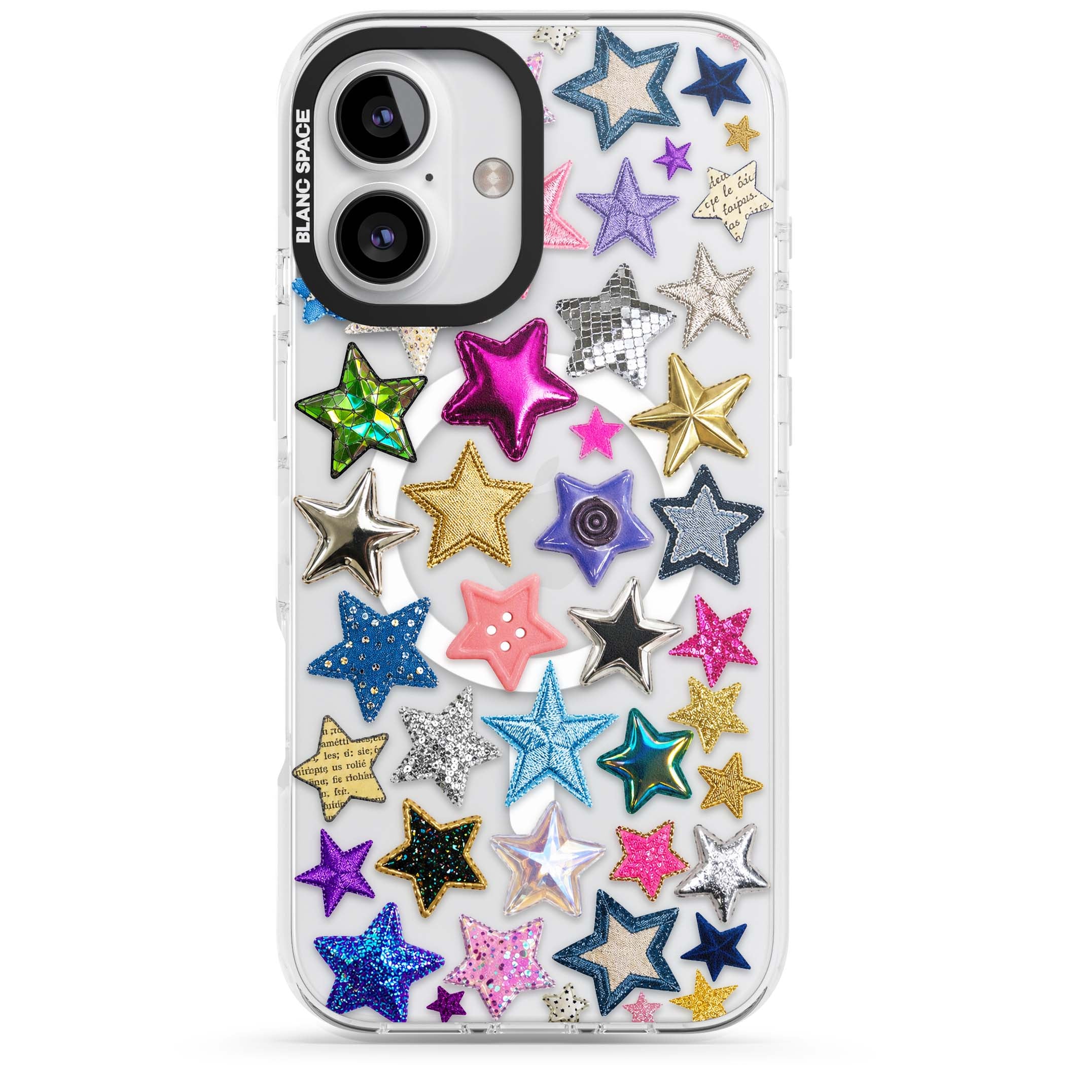 Crafty Star Mix Y2K iPhone case featuring embroidered, sequinned and glitter star patches in rainbow colours | Impact Magsafe case for iPhone 16, iPhone 16 Plus
