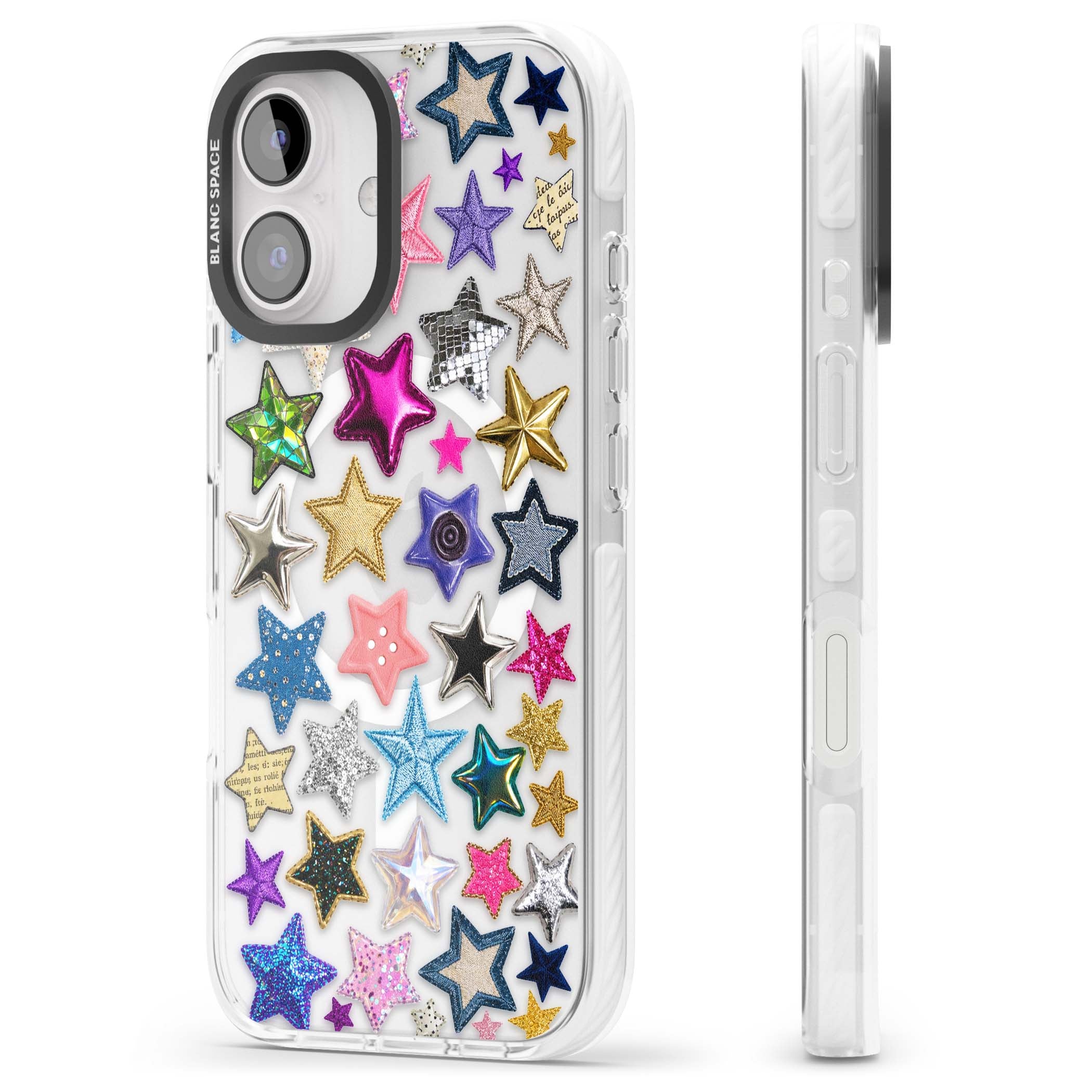Crafty Star Mix Y2K iPhone case featuring embroidered, sequinned and glitter star patches in rainbow colours | Impact Magsafe case for iPhone 16, iPhone 16 Plus