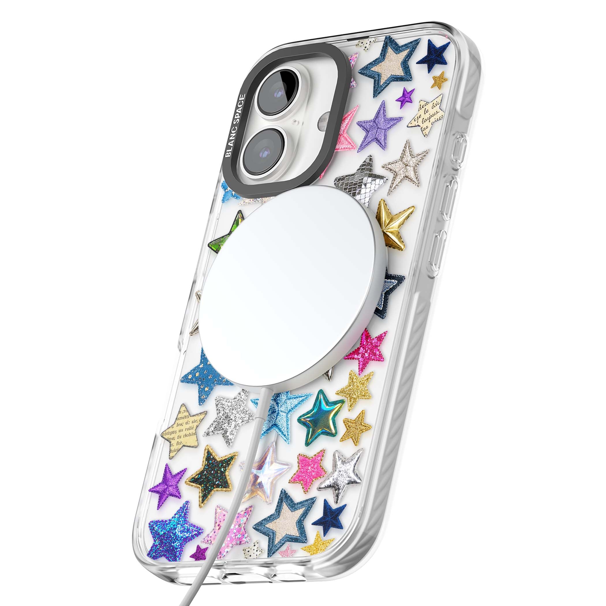 Crafty Star Mix Y2K iPhone case featuring embroidered, sequinned and glitter star patches in rainbow colours | Impact Magsafe case for iPhone 16, iPhone 16 Plus