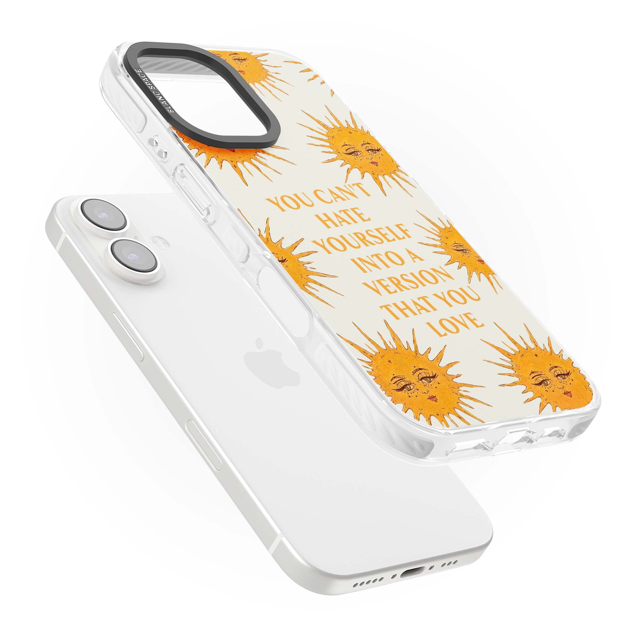 Don't Hate Yourself celestial iPhone case featuring vintage sun faces, ochre rays and a self-love quote | Impact Magsafe case for iPhone 16, iPhone 16 Plus