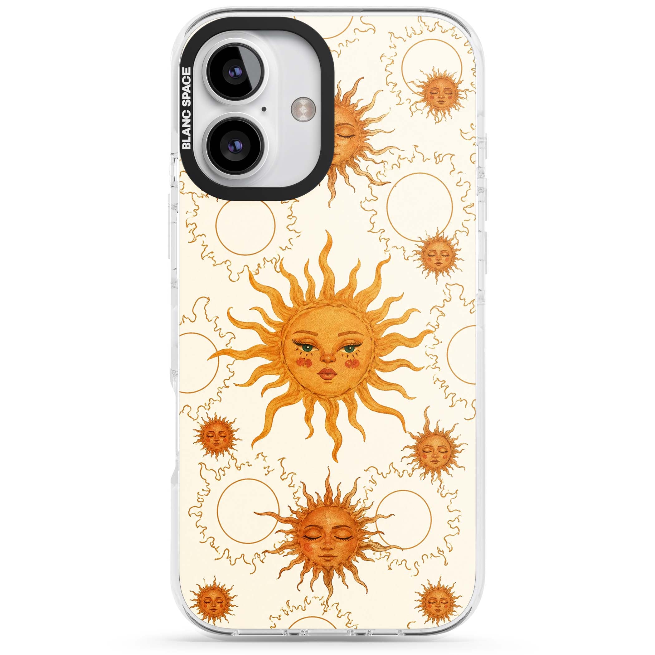 Solstice Muse celestial iPhone case featuring hand-painted golden sun faces, closed-eye sun goddesses and outlined moons... | Impact Magsafe case for iPhone 16, iPhone 16 Plus
