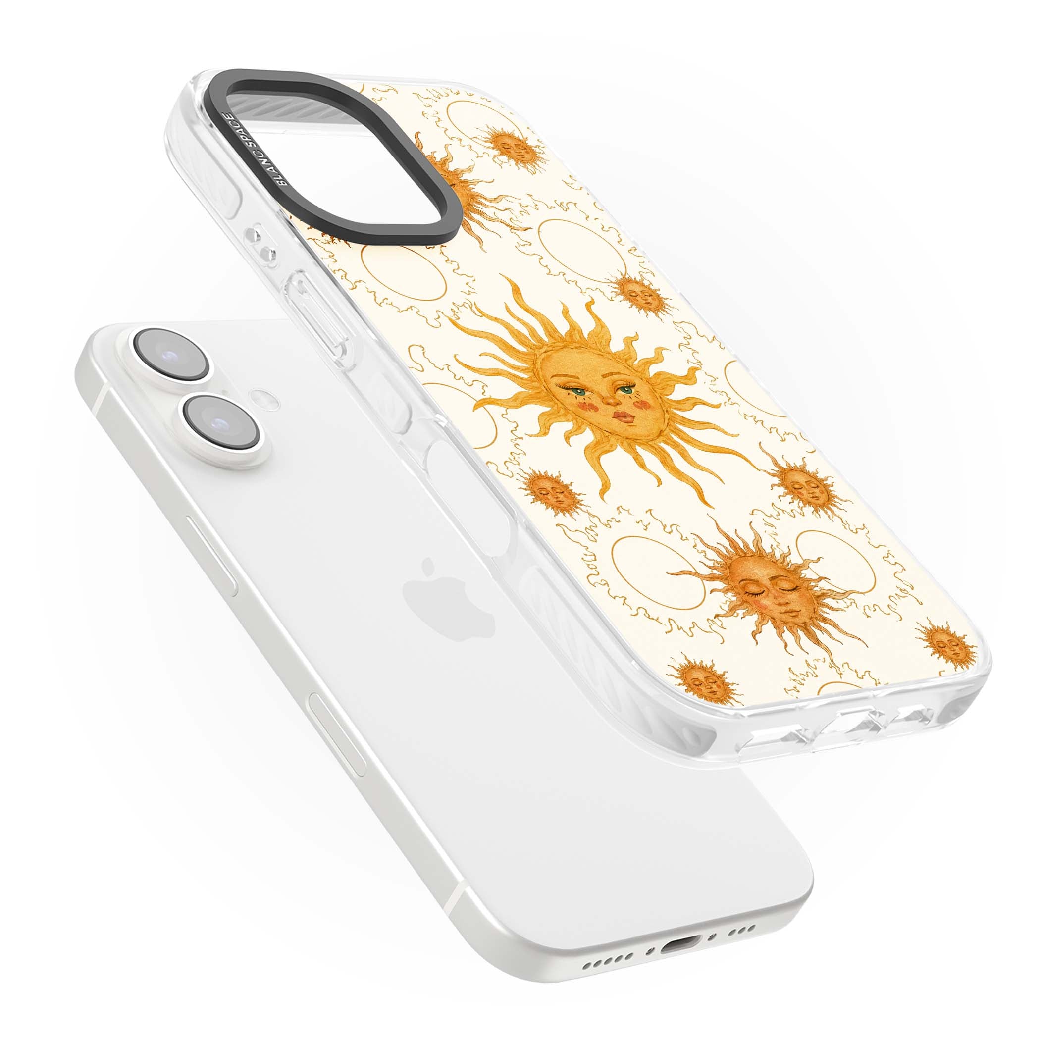 Solstice Muse celestial iPhone case featuring hand-painted golden sun faces, closed-eye sun goddesses and outlined moons... | Impact Magsafe case for iPhone 16, iPhone 16 Plus