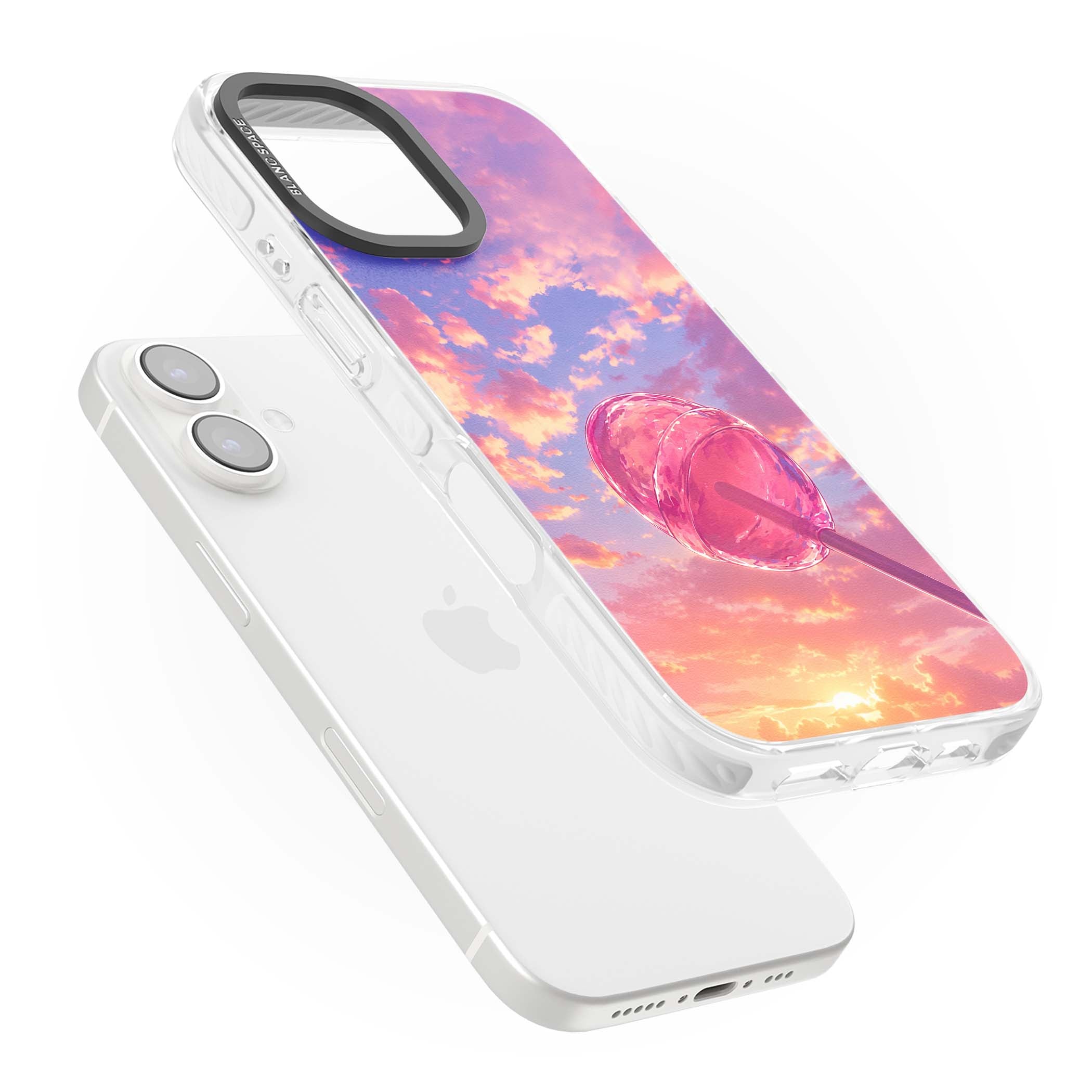 Sugar Sunset candy aesthetic iPhone case featuring a pink lollipop, pastel sunset sky and dreamy clouds | Impact Magsafe case for iPhone 16, iPhone 16 Plus