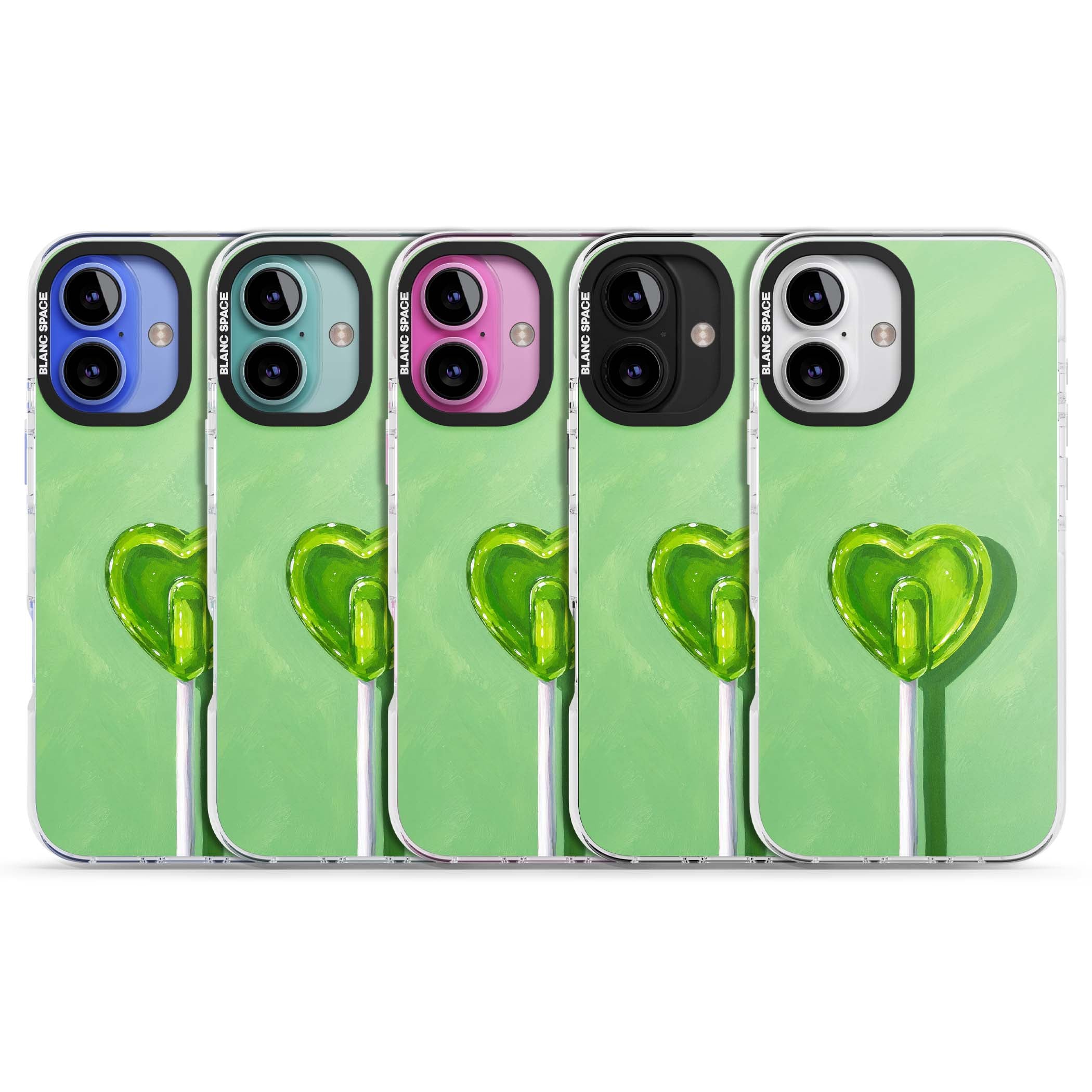 Green Lollipop candy art iPhone case featuring a glossy green heart-shaped lollipop on a painted pastel green background | Impact Magsafe case for iPhone 16, iPhone 16 Plus