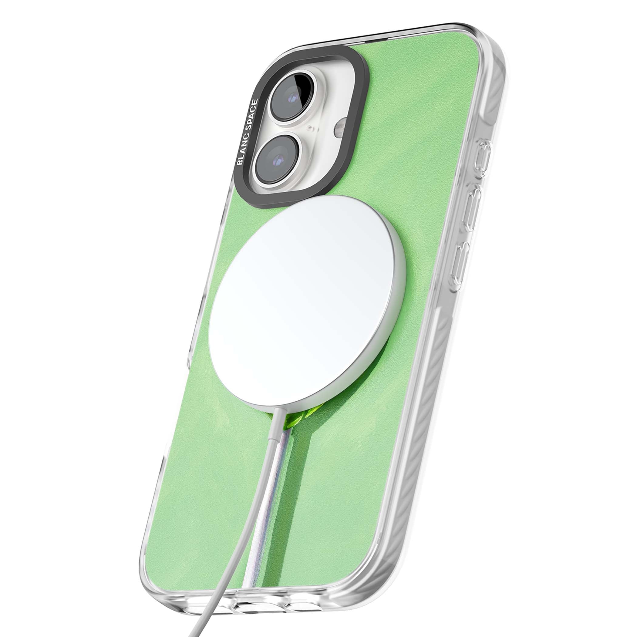 Green Lollipop candy art iPhone case featuring a glossy green heart-shaped lollipop on a painted pastel green background | Impact Magsafe case for iPhone 16, iPhone 16 Plus
