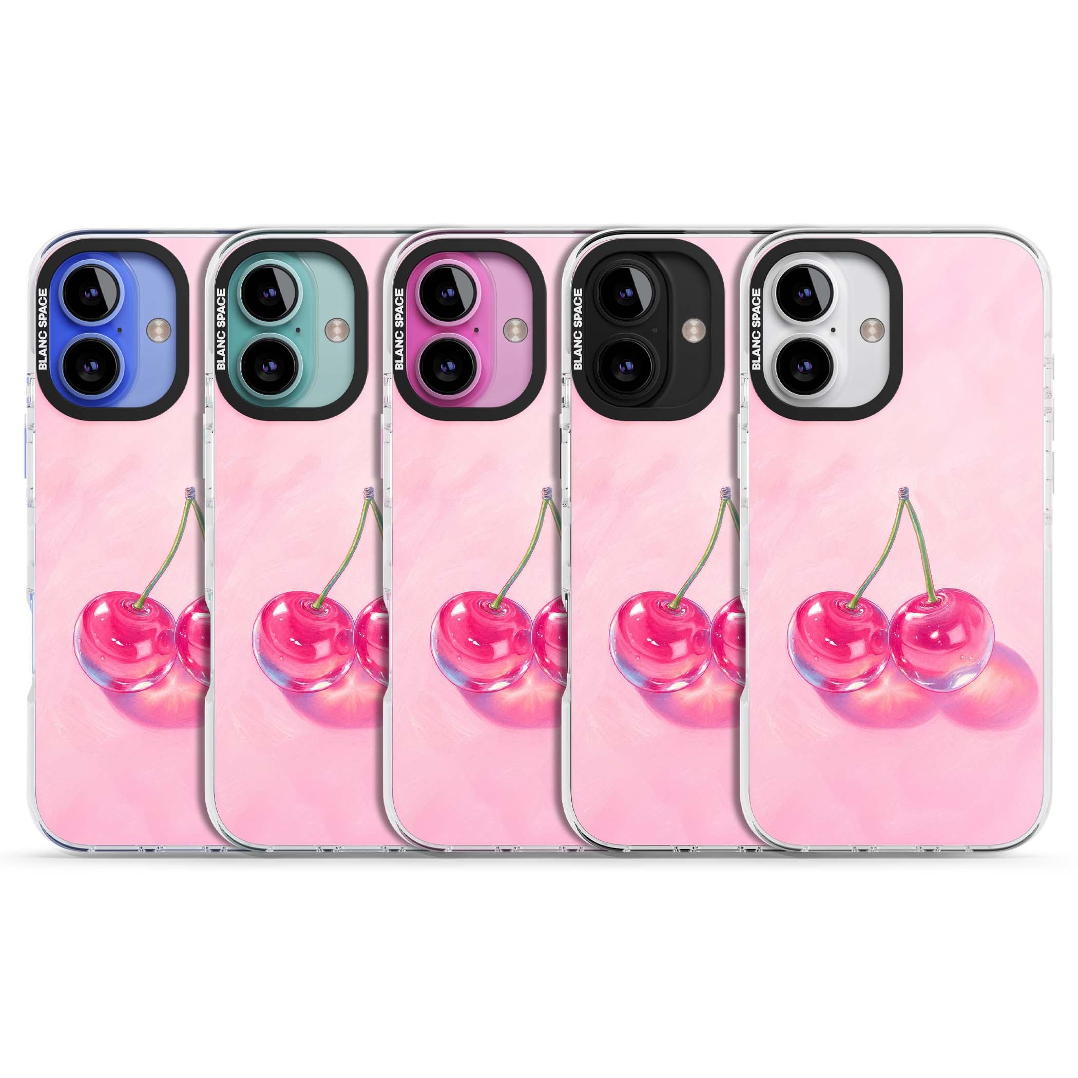 Pink Glass Cherry coquette iPhone case featuring two glossy painted cherries on a soft pink background | Impact Magsafe case for iPhone 16, iPhone 16 Plus