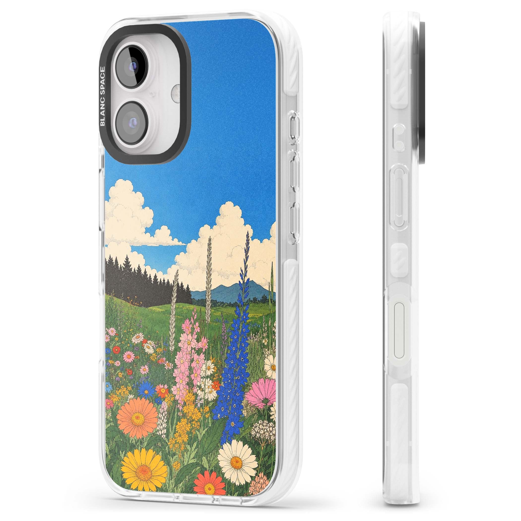 Wildbloom wildflower iPhone case featuring a vintage Japanese-style meadow landscape with daisies, delphiniums and moun | Impact Magsafe case for iPhone 16, iPhone 16 Plus