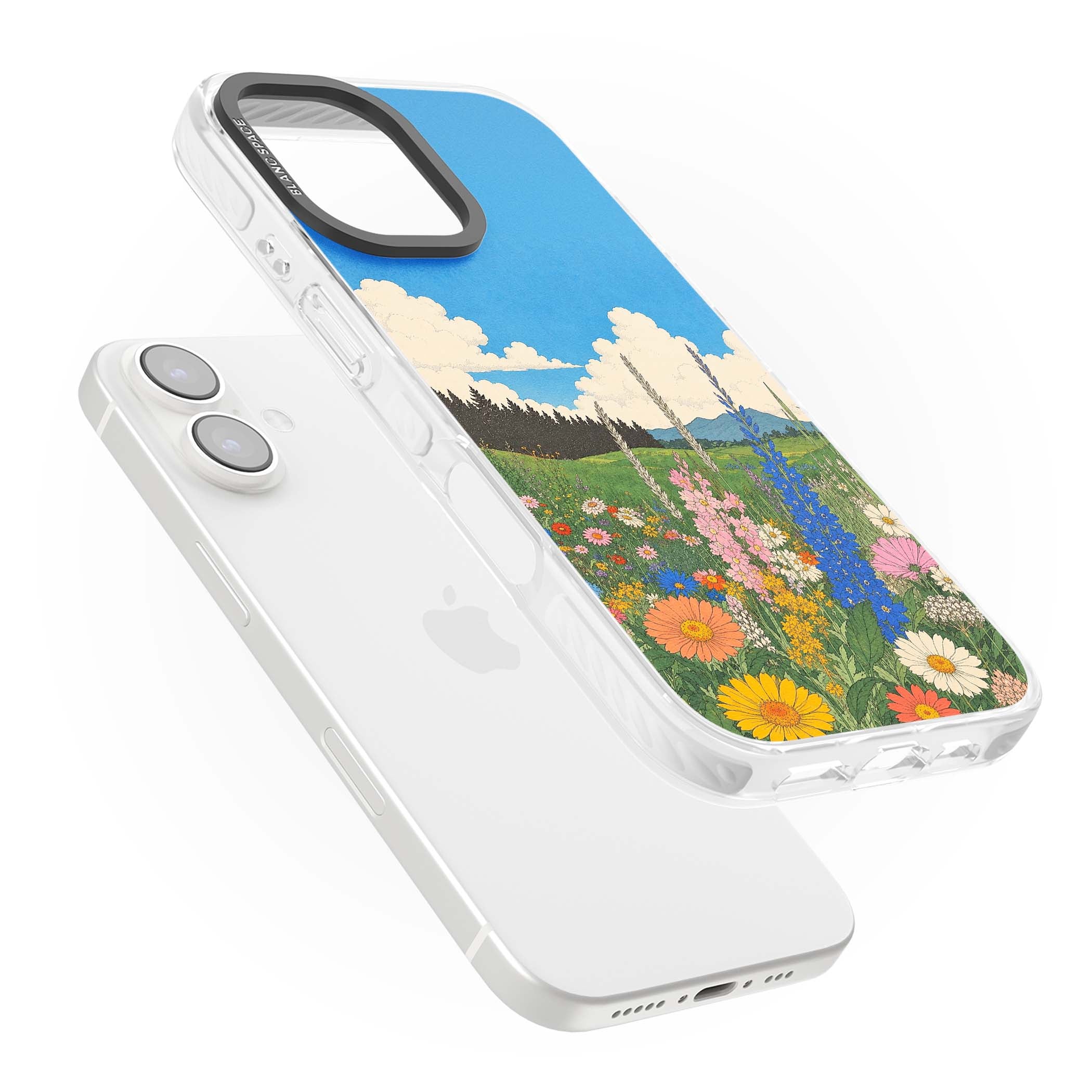 Wildbloom wildflower iPhone case featuring a vintage Japanese-style meadow landscape with daisies, delphiniums and moun | Impact Magsafe case for iPhone 16, iPhone 16 Plus