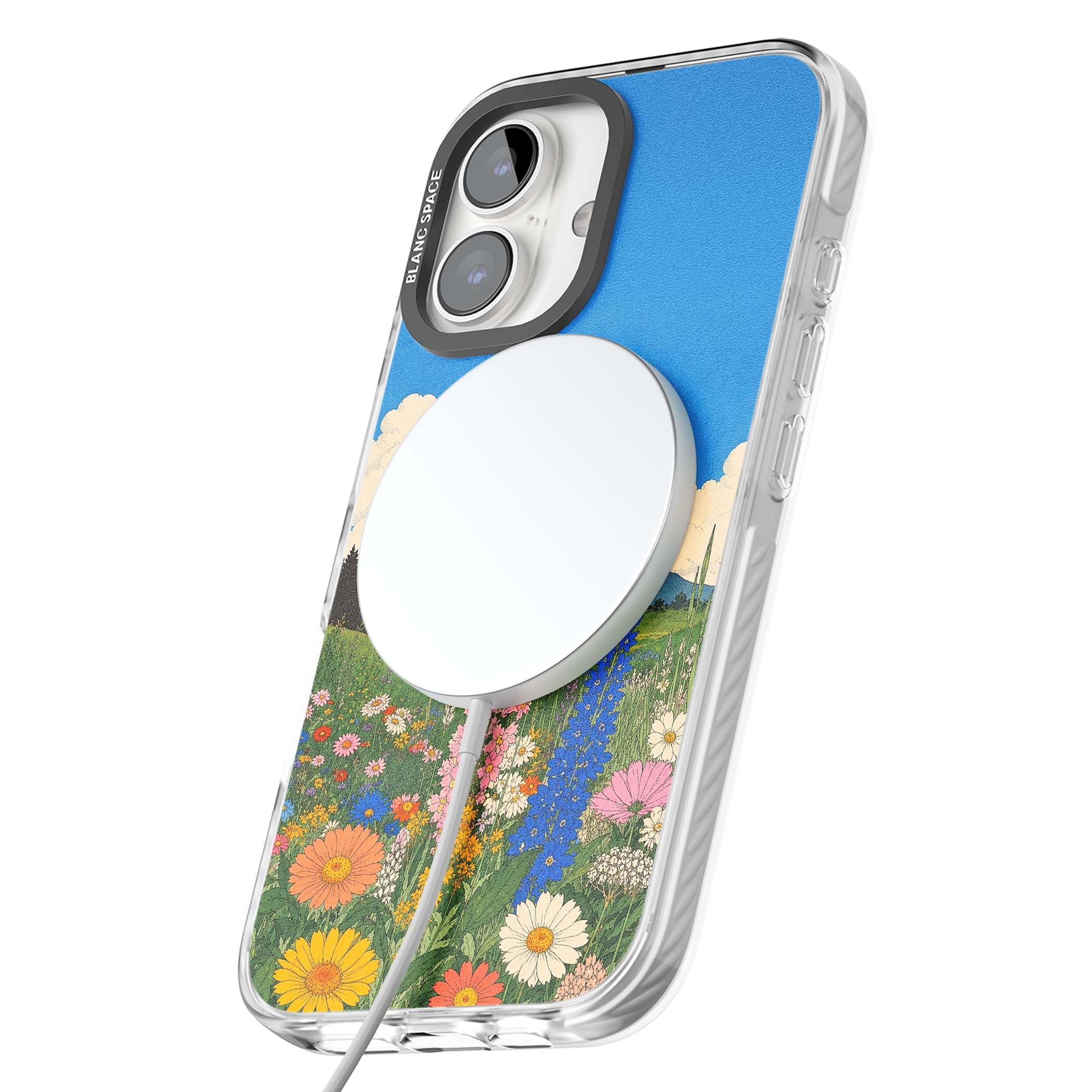 Wildbloom wildflower iPhone case featuring a vintage Japanese-style meadow landscape with daisies, delphiniums and moun | Impact Magsafe case for iPhone 16, iPhone 16 Plus