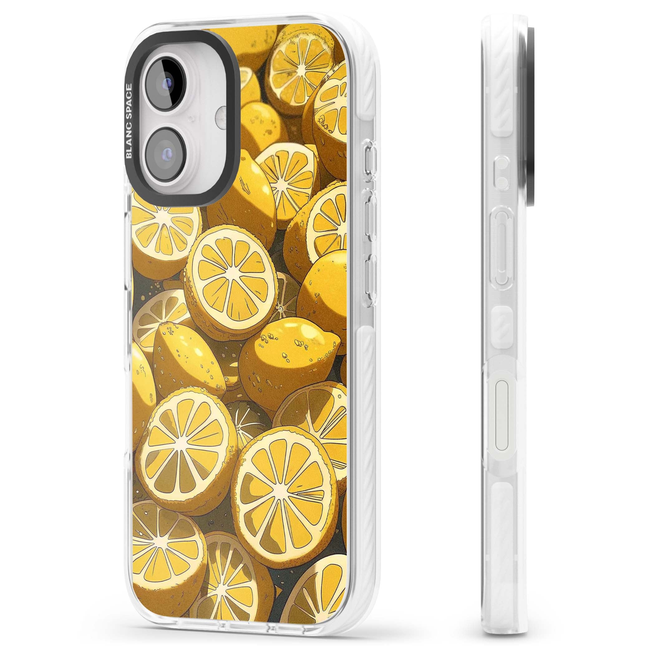 Zesty coastal iPhone case featuring illustrated Mediterranean lemons and citrus slices in golden yellow | Impact Magsafe case for iPhone 16, iPhone 16 Plus