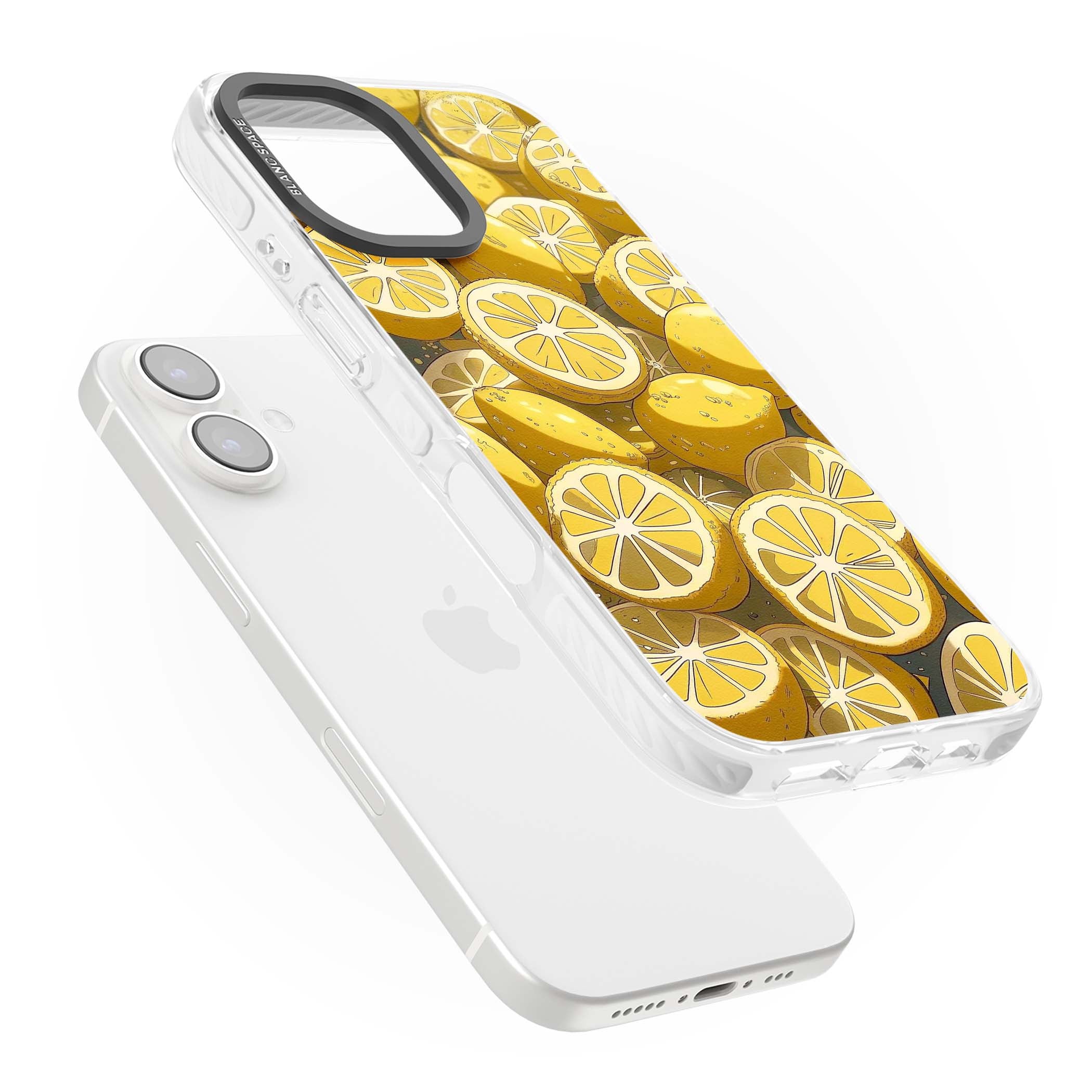 Zesty coastal iPhone case featuring illustrated Mediterranean lemons and citrus slices in golden yellow | Impact Magsafe case for iPhone 16, iPhone 16 Plus