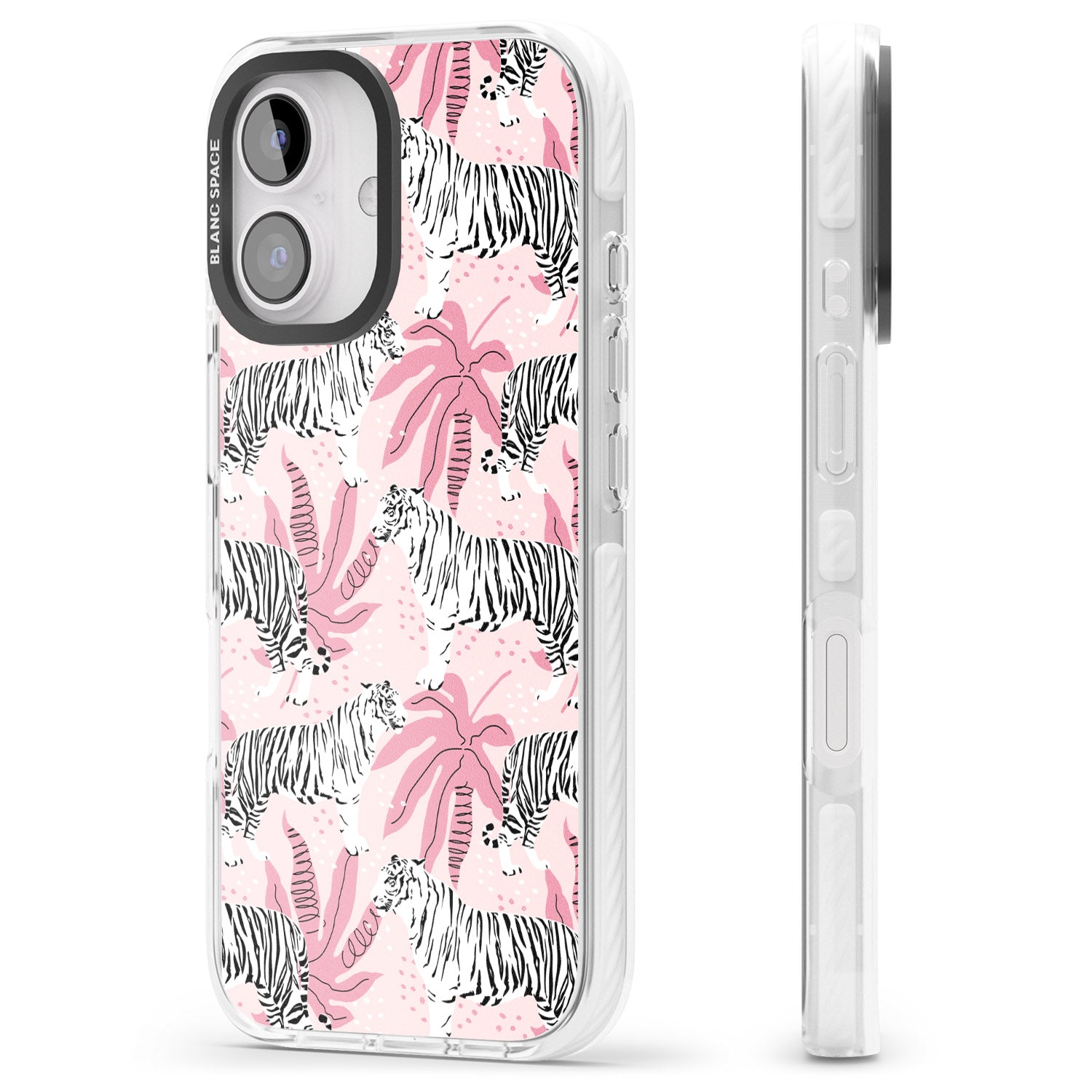 iPhone 16 Pro Max White Tigers on Pink Pattern Black Impact Phone Case