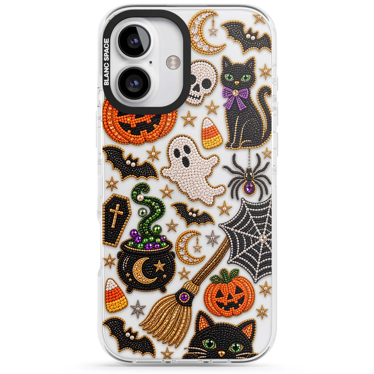 Beaded Halloween Halloween iPhone case featuring beaded pumpkins, ghosts, black cats and bats | Clear Impact case for iPhone 16, iPhone 16 Plus