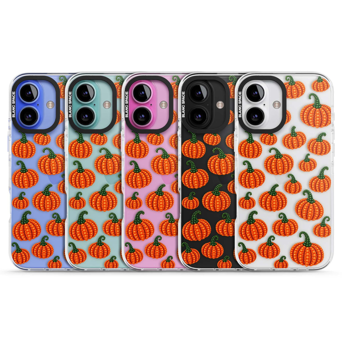 Beaded Pumpkins halloween iPhone case featuring beaded orange pumpkins with green stems on a clear background | Clear Impact case for iPhone 16, iPhone 16 Plus