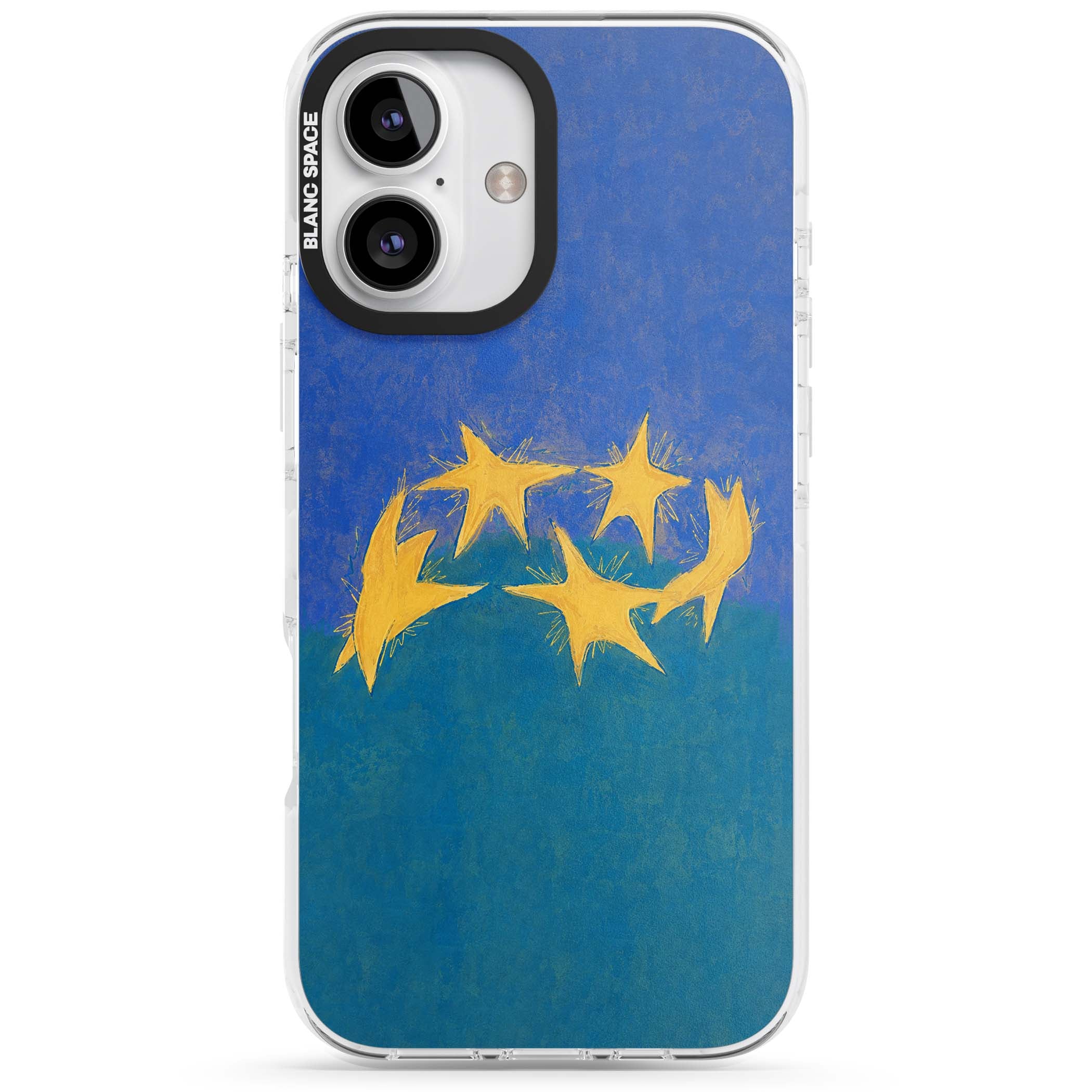Star Boogie stars aesthetic iPhone case featuring five yellow hand-painted stars on cobalt blue and teal | Clear Impact case for iPhone 16, iPhone 16 Plus