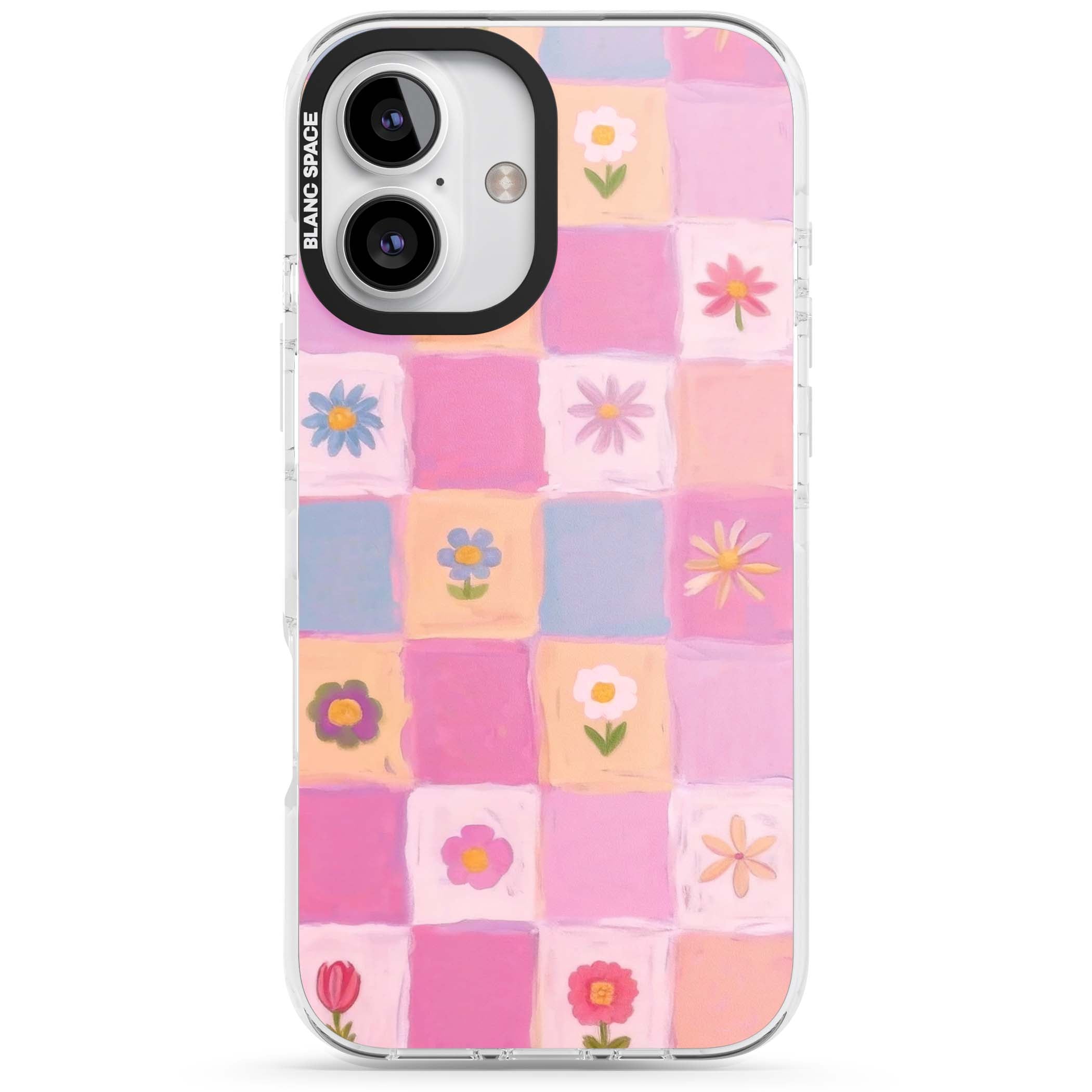 Pastel Flower Patchwork cottagecore iPhone case featuring painted pink and lilac squares with daisies and wildflowers | Clear Impact case for iPhone 16, iPhone 16 Plus