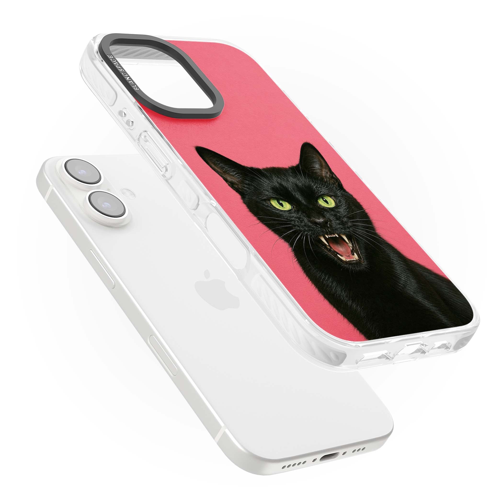 Hissin' Baddie black cat iPhone case featuring a hissing feline with green eyes on a hot pink background | Clear Impact case for iPhone 16, iPhone 16 Plus