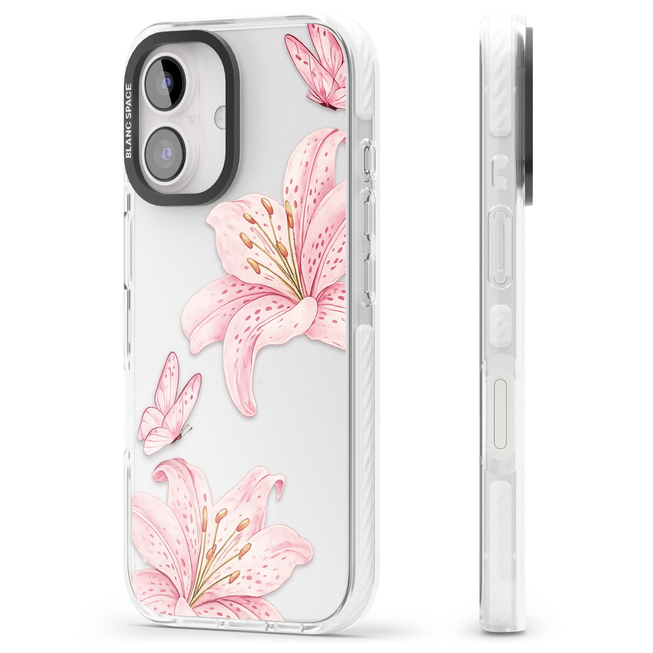 Lily Whisper floral iPhone case featuring pink watercolour lilies and delicate butterflies on a clear background | Clear Impact case for iPhone 16, iPhone 16 Plus