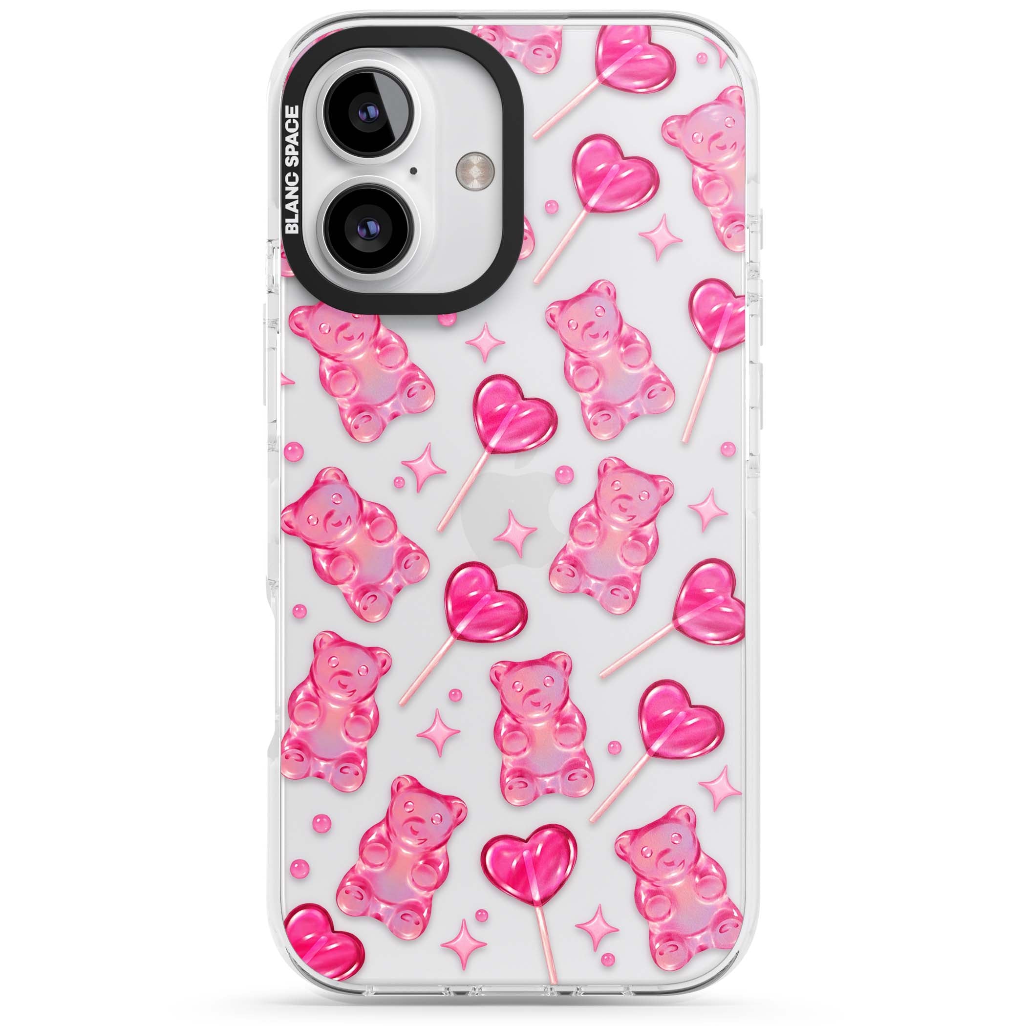 Pink Sugar pinkcore iPhone case featuring pink gummy bears, heart-shaped lollipops and sparkle stars | Clear Impact case for iPhone 16, iPhone 16 Plus