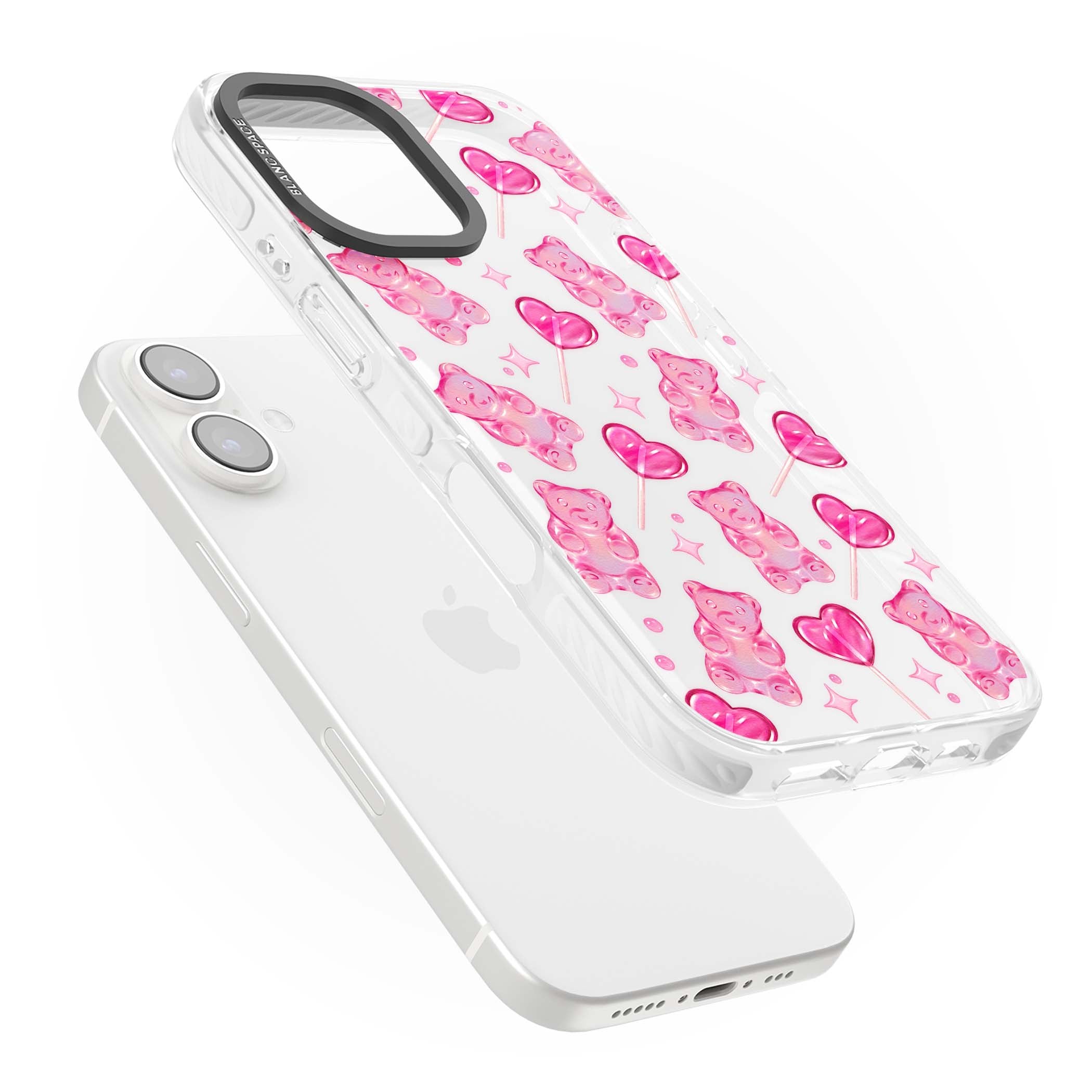 Pink Sugar pinkcore iPhone case featuring pink gummy bears, heart-shaped lollipops and sparkle stars | Clear Impact case for iPhone 16, iPhone 16 Plus