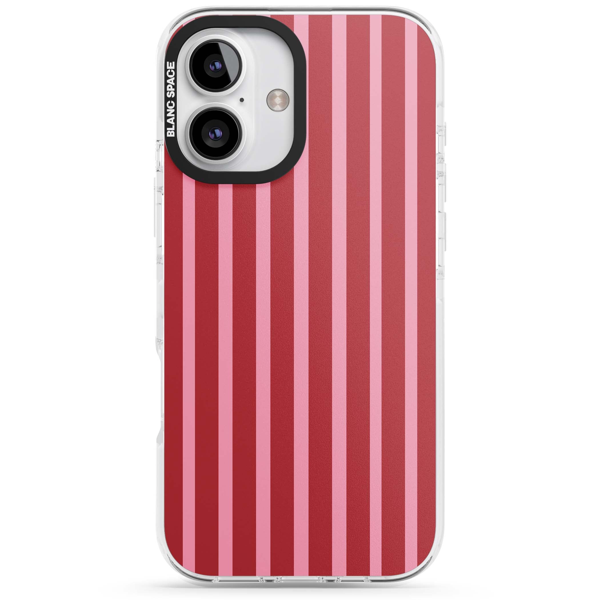Raspberry Stripe coquette iPhone case featuring red and pink vertical stripes in a candy-inspired pattern | Clear Impact case for iPhone 16, iPhone 16 Plus