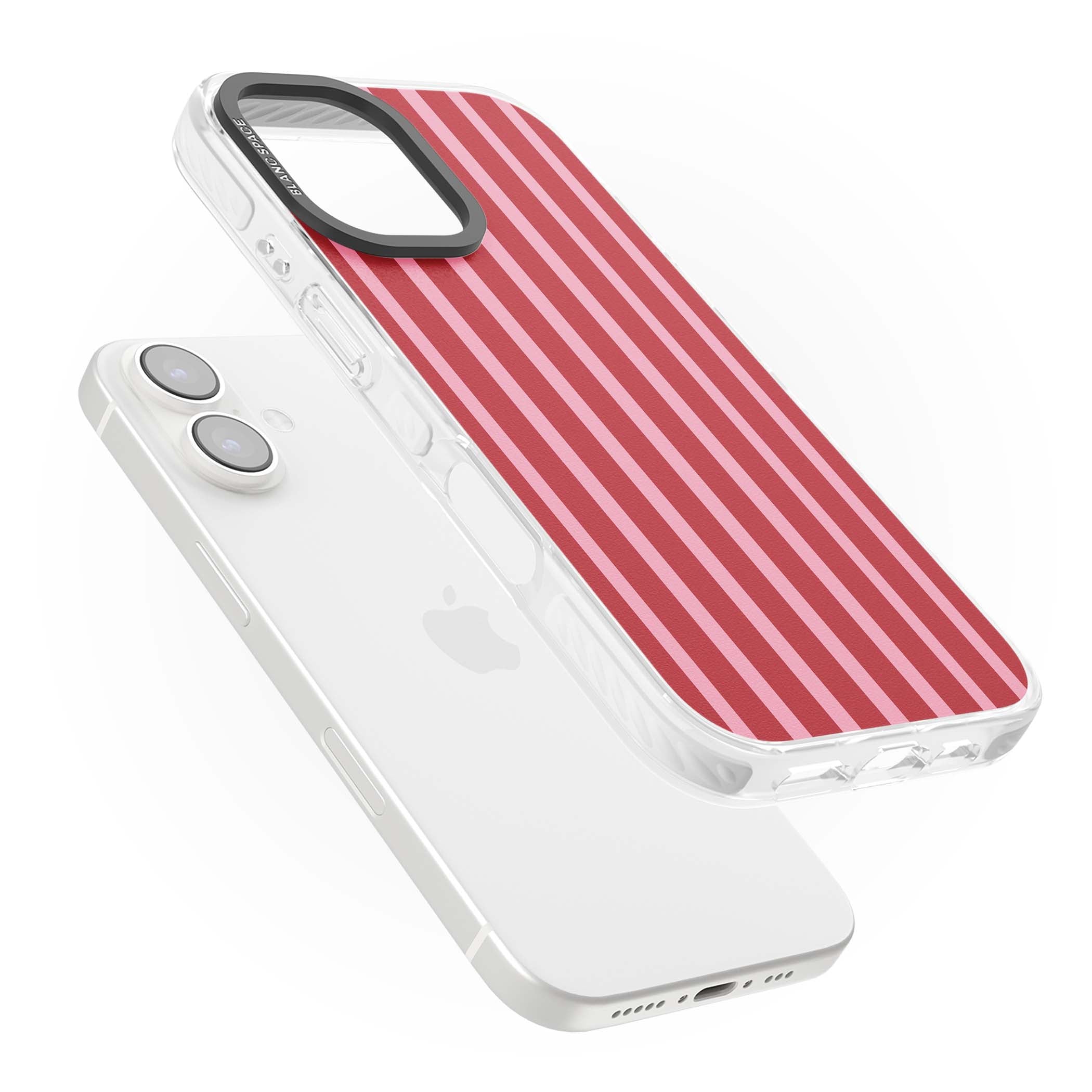 Raspberry Stripe coquette iPhone case featuring red and pink vertical stripes in a candy-inspired pattern | Clear Impact case for iPhone 16, iPhone 16 Plus