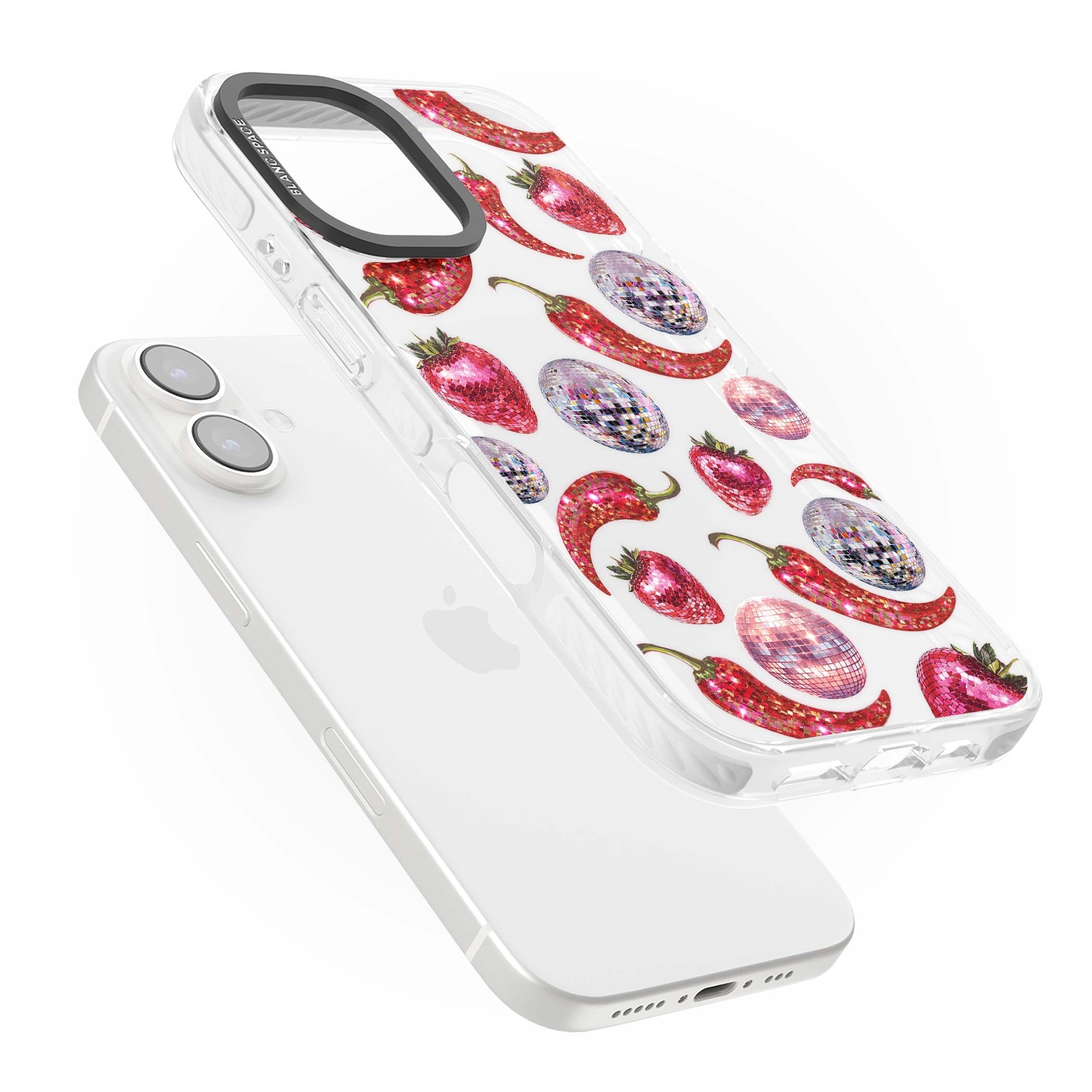 Spicy Disco Y2K iPhone case featuring glitter disco balls, sparkly strawberries and red chilli peppers | Clear Impact case for iPhone 16, iPhone 16 Plus