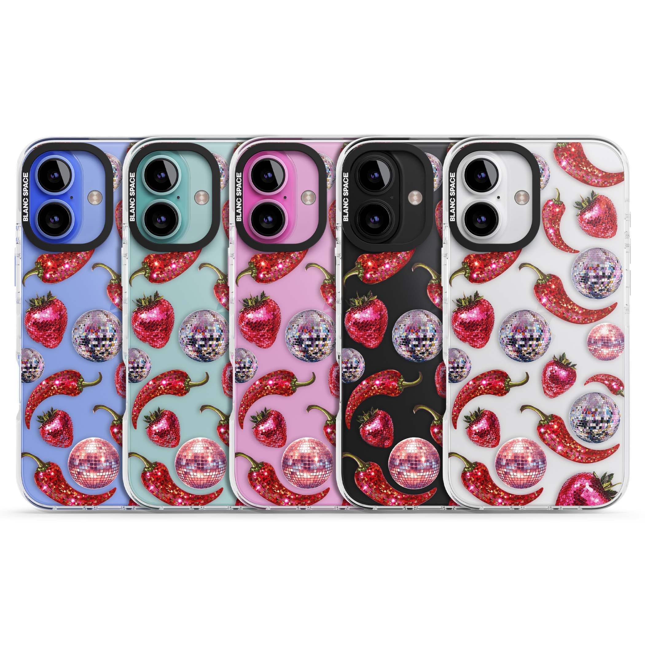Spicy Disco Y2K iPhone case featuring glitter disco balls, sparkly strawberries and red chilli peppers | Clear Impact case for iPhone 16, iPhone 16 Plus
