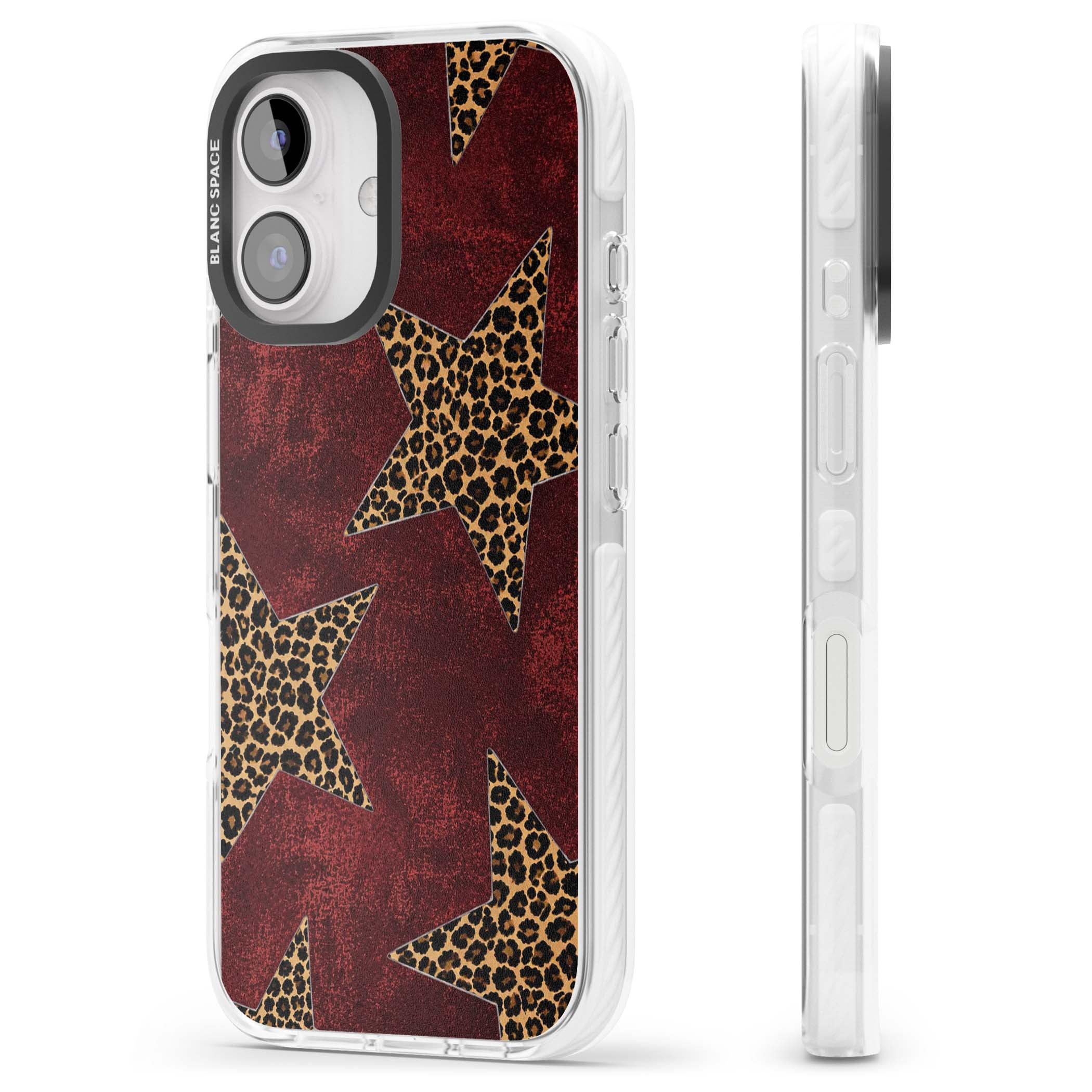 Showgirl leopard print iPhone case featuring cheetah print stars on distressed red grunge background | Clear Impact case for iPhone 16, iPhone 16 Plus