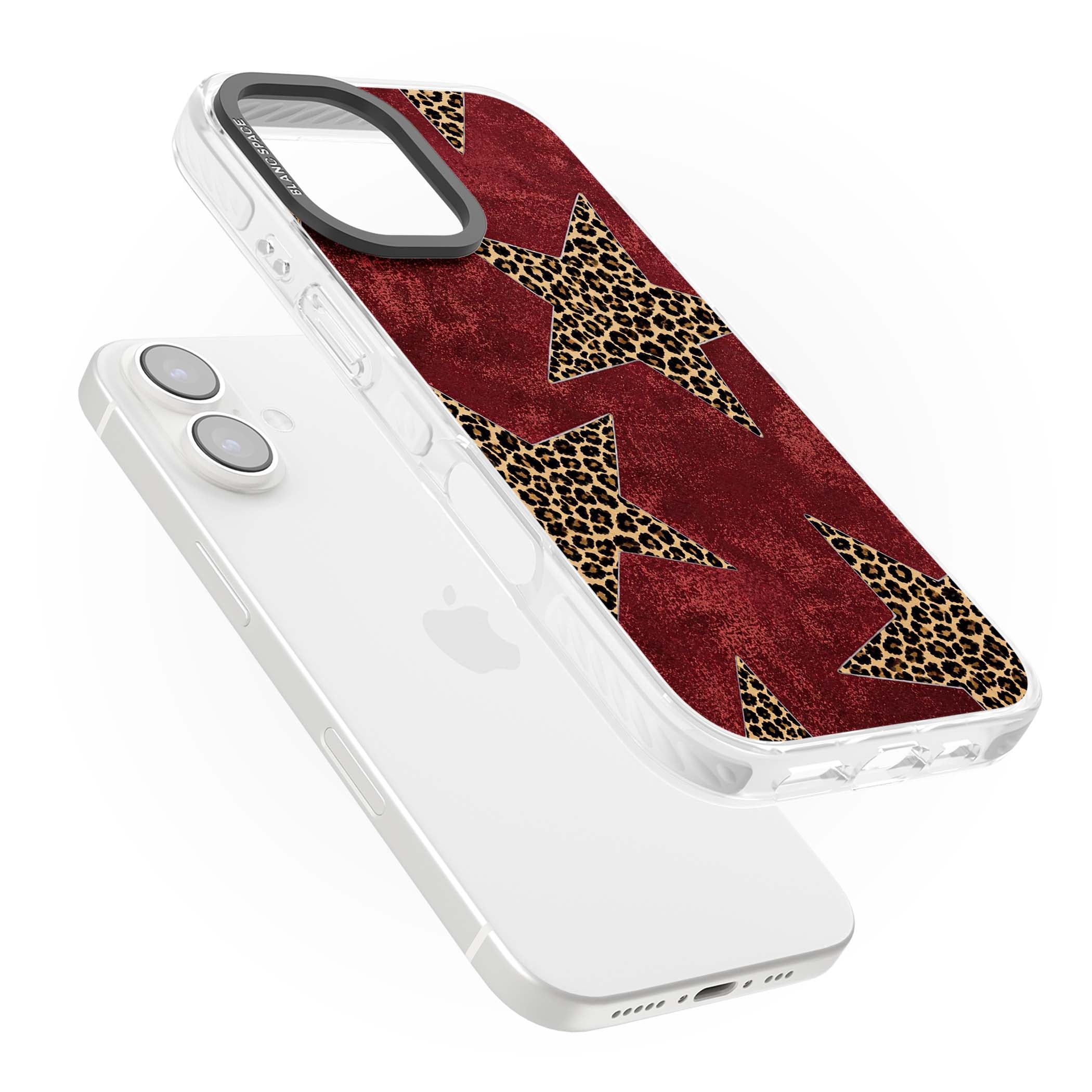 Showgirl leopard print iPhone case featuring cheetah print stars on distressed red grunge background | Clear Impact case for iPhone 16, iPhone 16 Plus