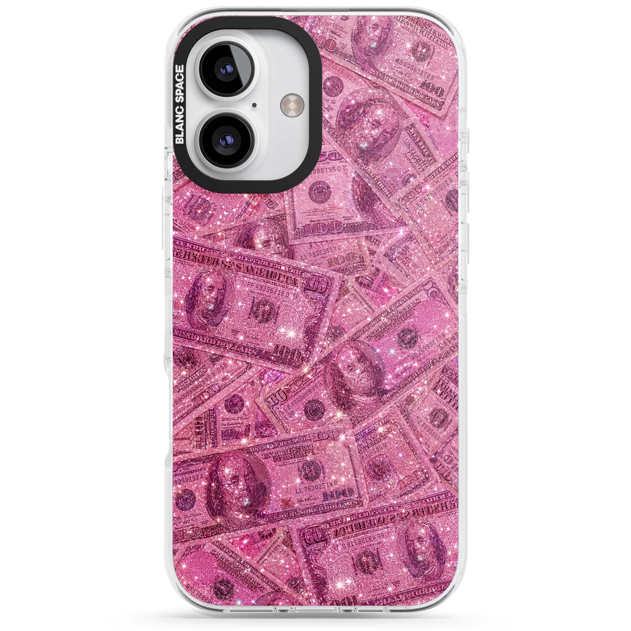 Glamorous baddie iPhone case featuring pink glitter hundred dollar bills and sparkling money wallpaper design | Clear Impact case for iPhone 16, iPhone 16 Plus