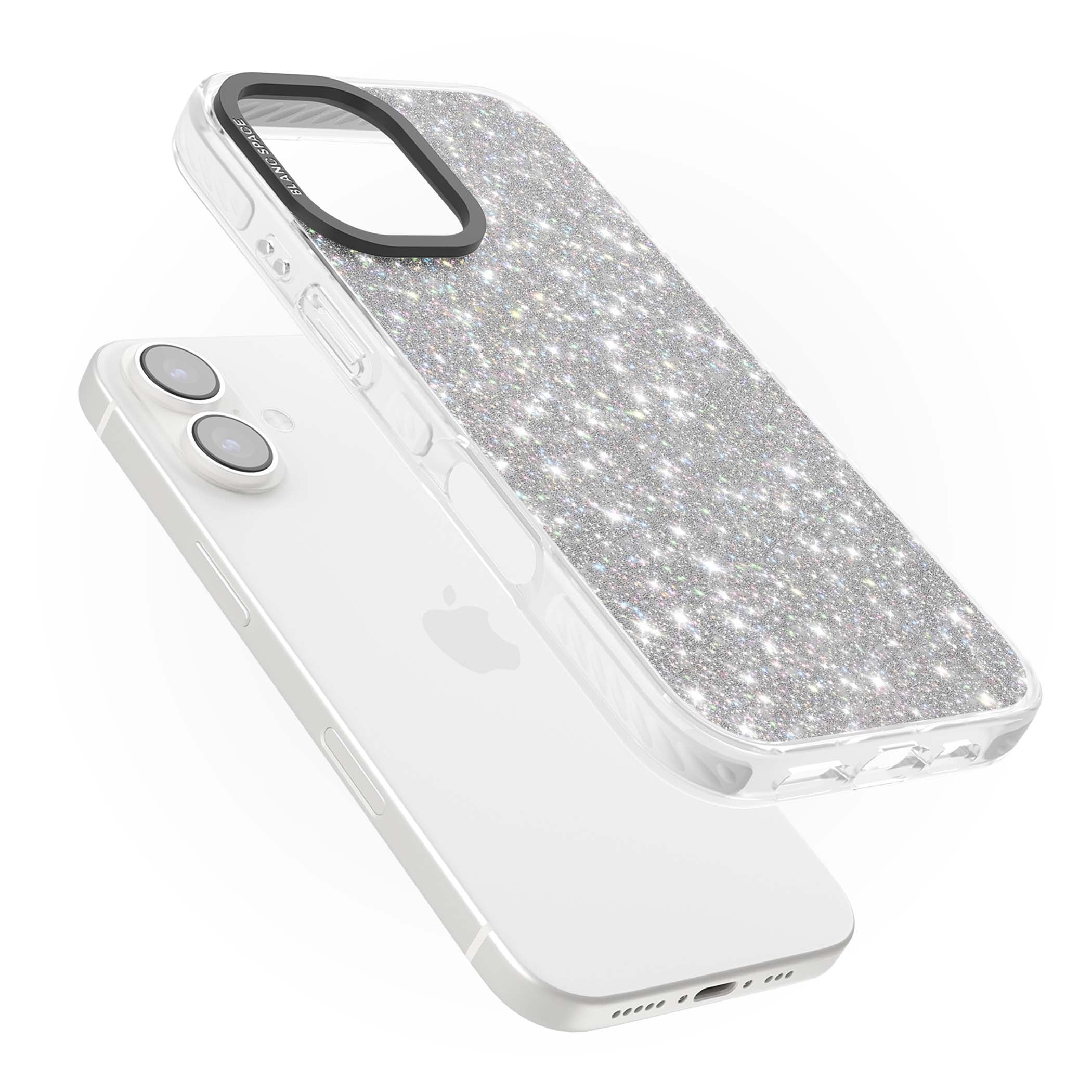 Diamond glam iPhone case featuring silver glitter sparkle and shimmering diamond dust effect | Clear Impact case for iPhone 16, iPhone 16 Plus