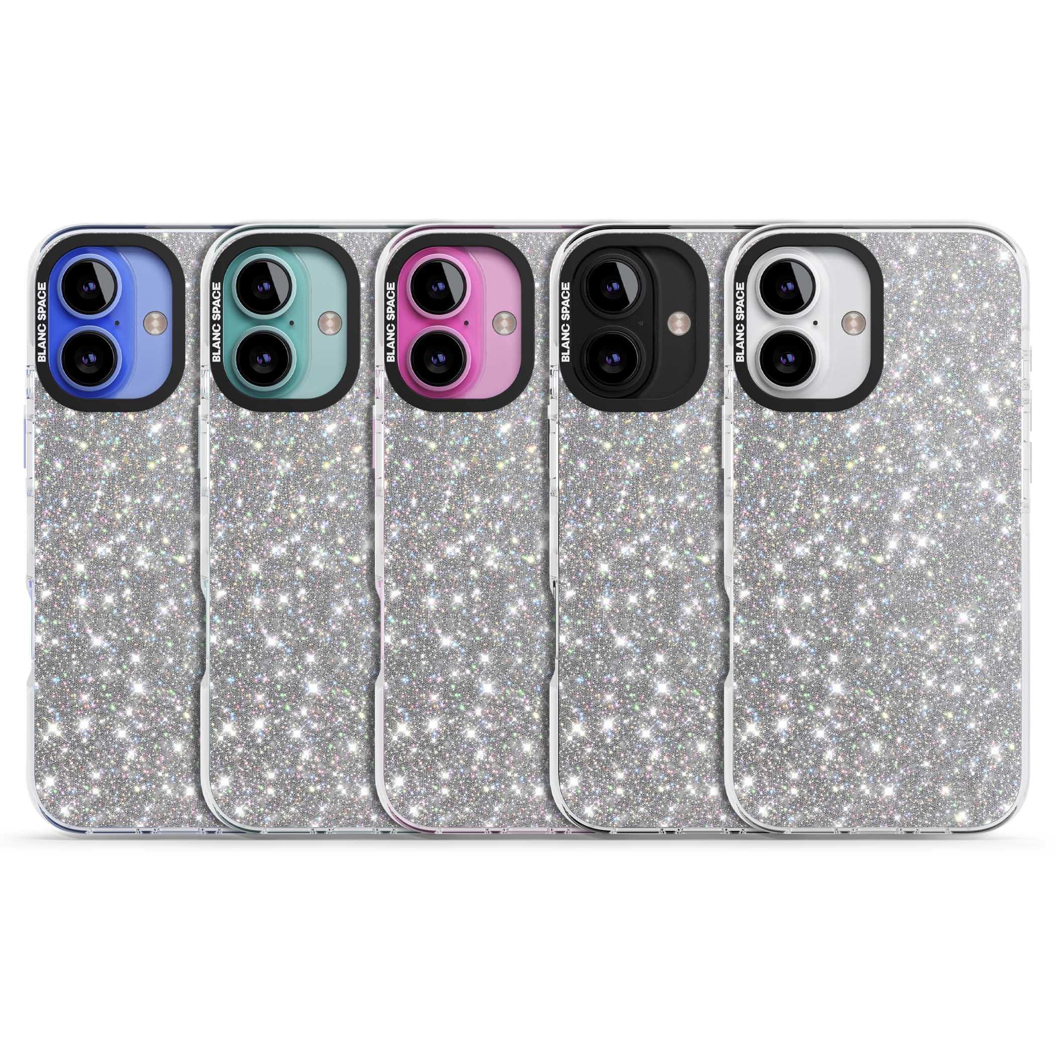 Diamond glam iPhone case featuring silver glitter sparkle and shimmering diamond dust effect | Clear Impact case for iPhone 16, iPhone 16 Plus