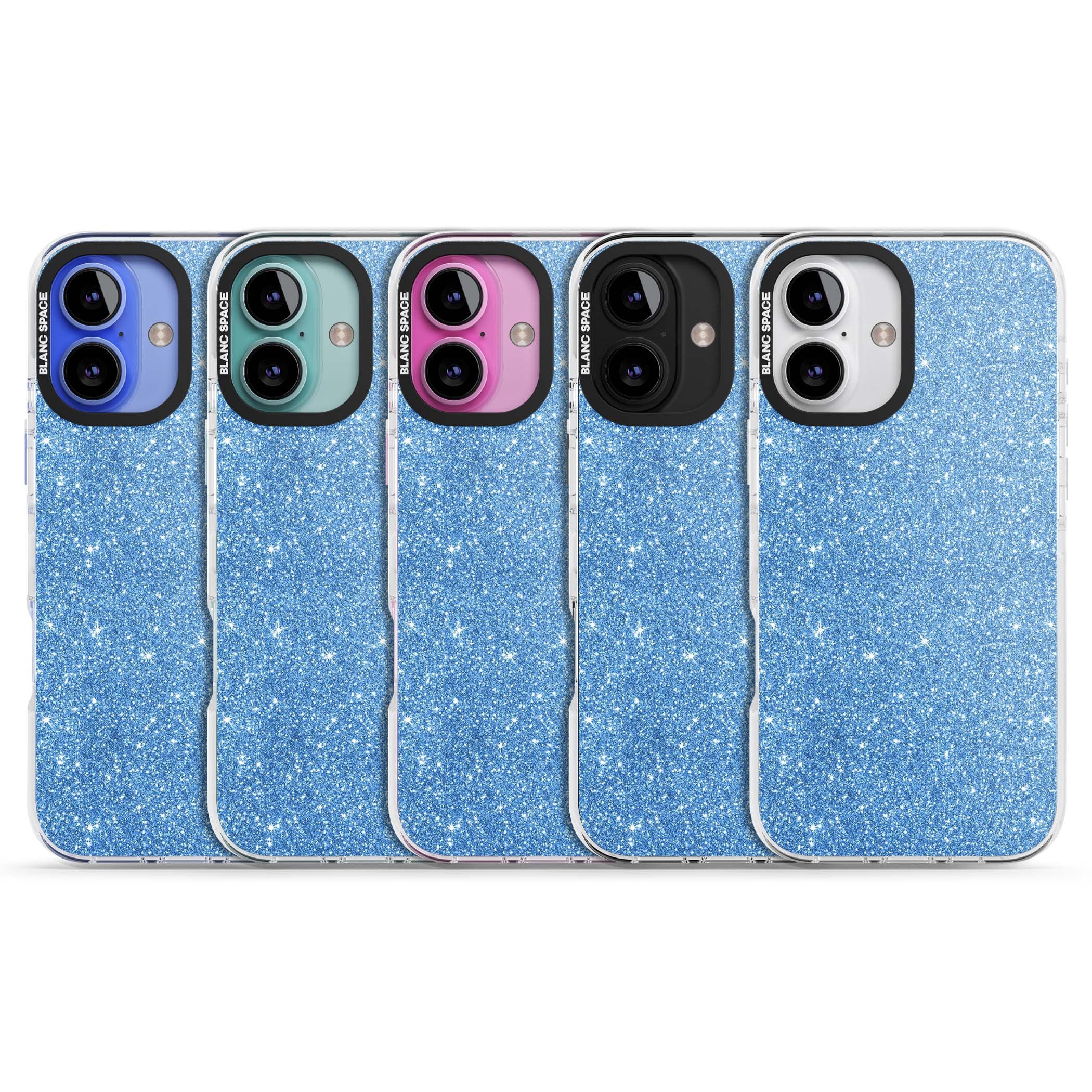 Blue Glitter blue glitter iPhone case featuring dense sparkling cerulean glitter with a glamorous shimmering finish | Clear Impact case for iPhone 16, iPhone 16 Plus