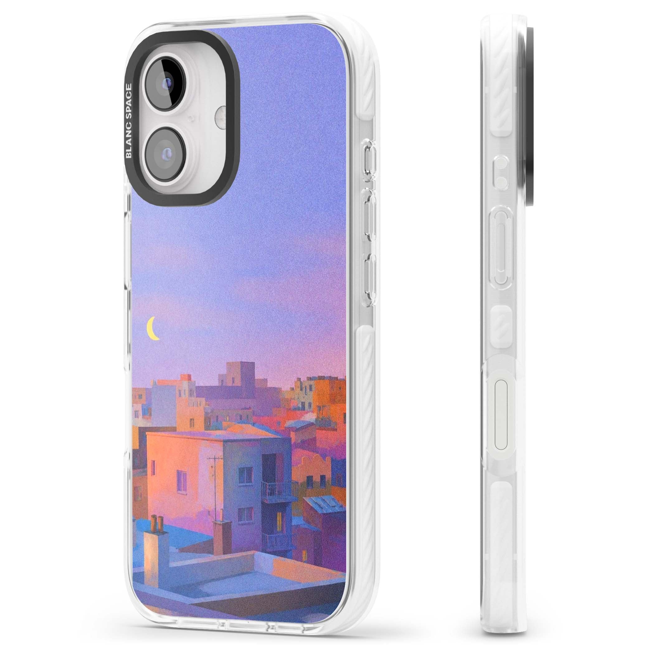 Twilight Rooftops vaporwave iPhone case featuring a pastel sunset cityscape, painted rooftops and a crescent moon. | Clear Impact case for iPhone 16, iPhone 16 Plus