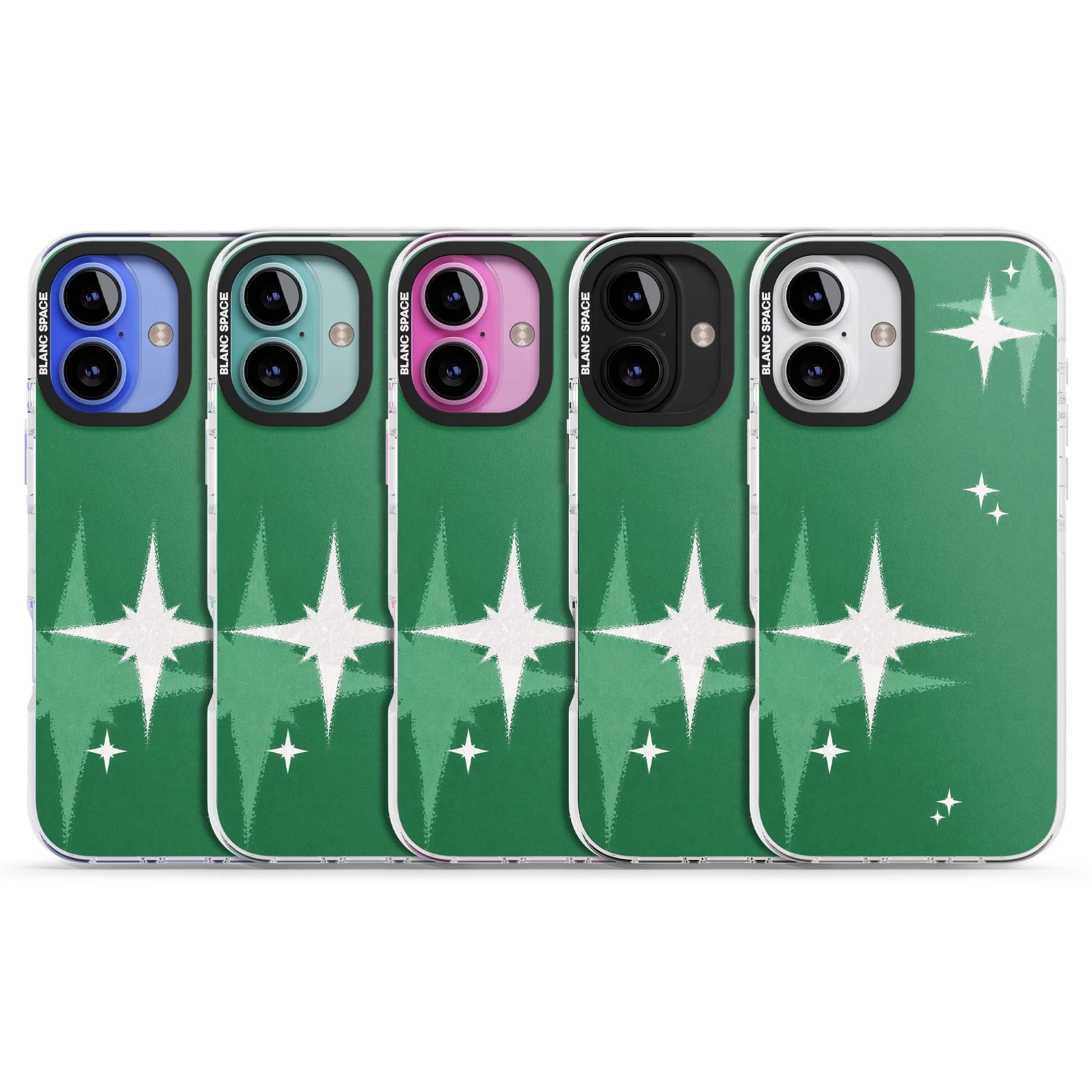 Green Sparkle celestial iPhone case featuring sparkling white four-point stars on a deep green background | Clear Impact case for iPhone 16, iPhone 16 Plus