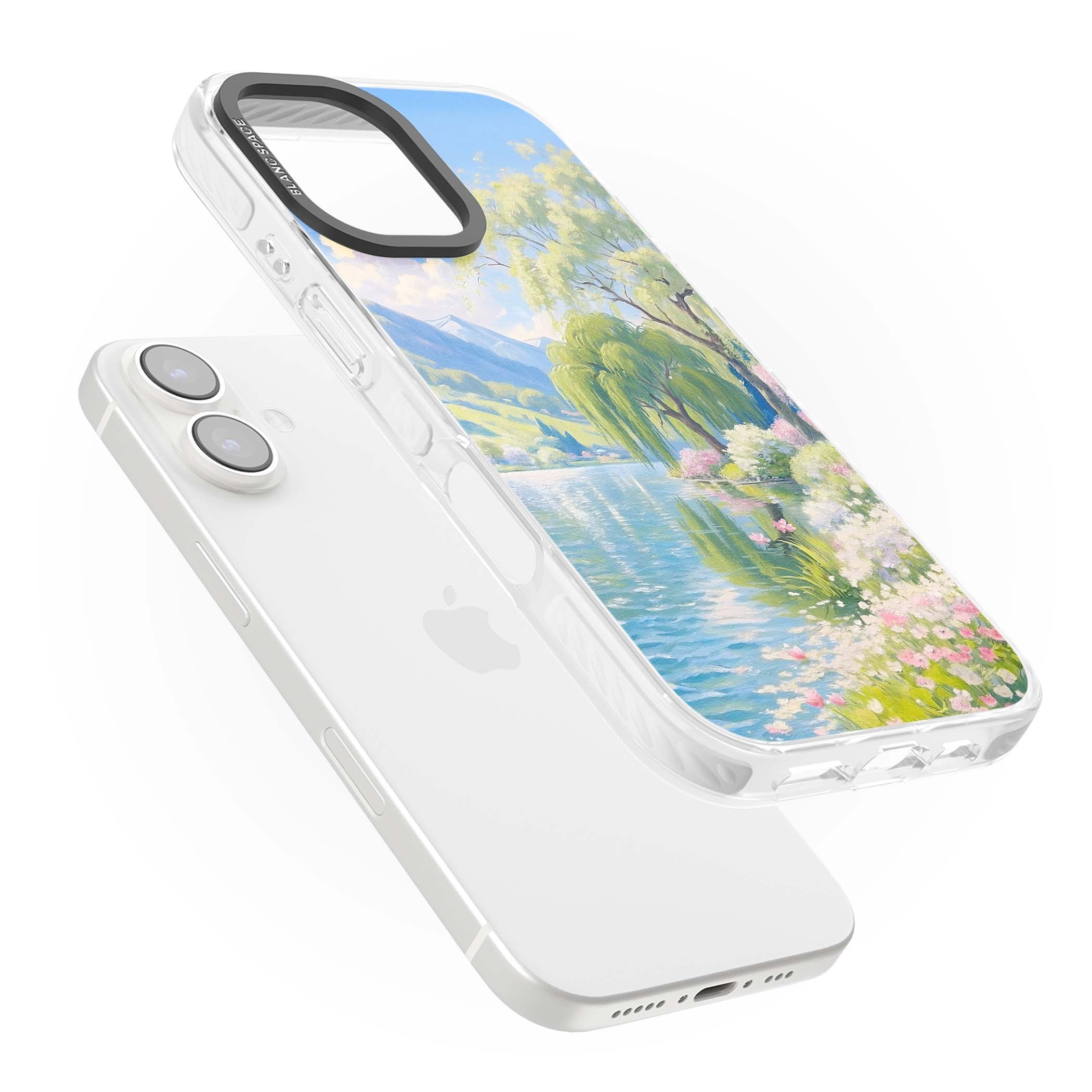 Willow Lake cottagecore iPhone case featuring a painted lakeside with weeping willow, blossoms and distant mountains | Clear Impact case for iPhone 16, iPhone 16 Plus