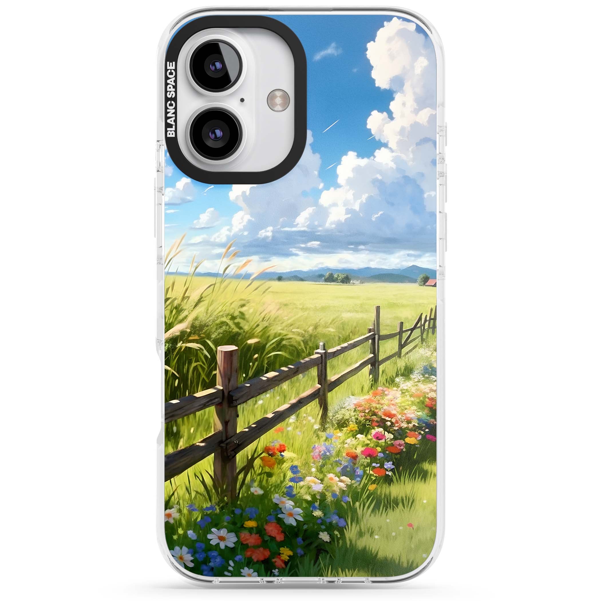 A Countryside Afternoon cottagecore iPhone case featuring a painted countryside meadow, wooden fence, and wildflowers beneath | Clear Impact case for iPhone 16, iPhone 16 Plus