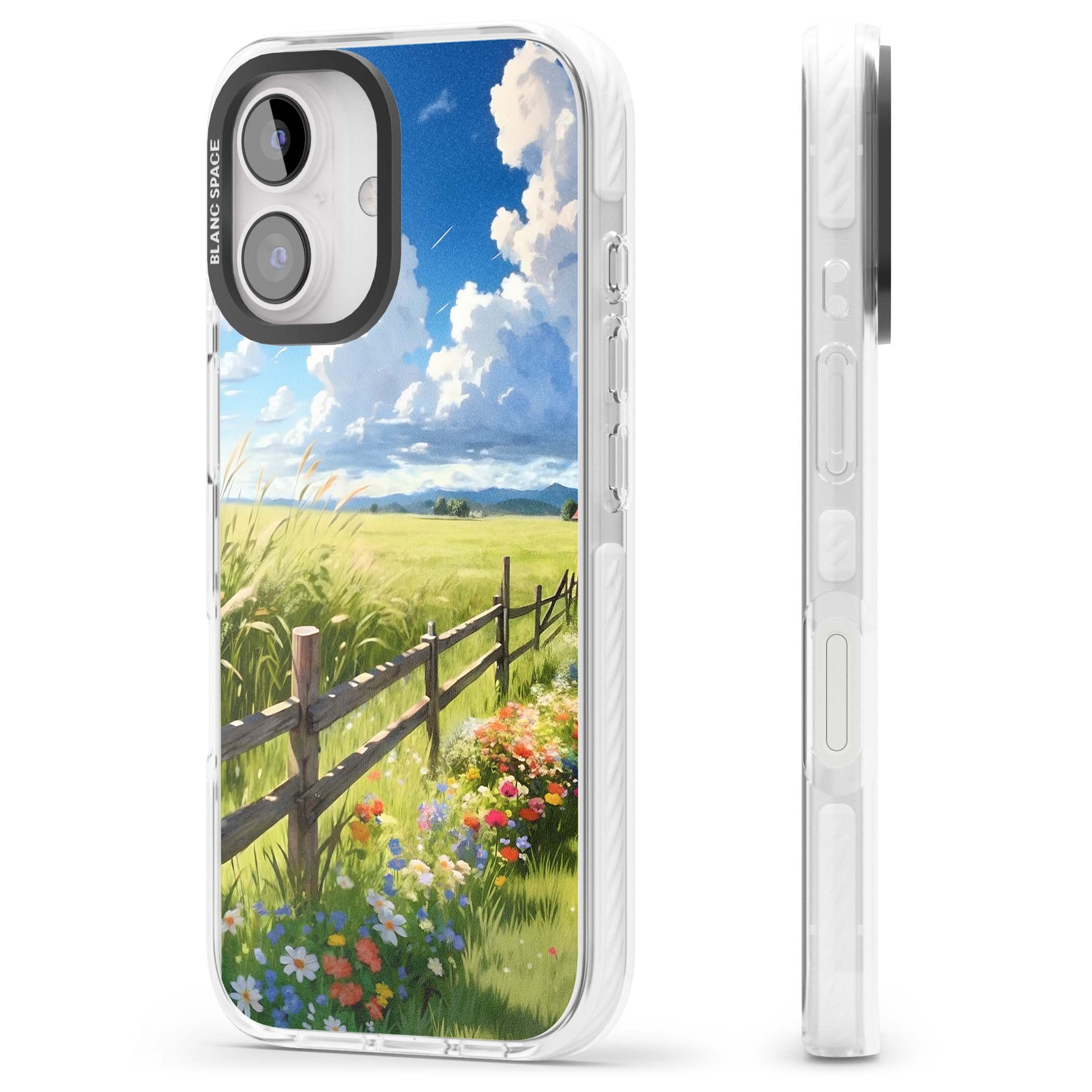 A Countryside Afternoon cottagecore iPhone case featuring a painted countryside meadow, wooden fence, and wildflowers beneath | Clear Impact case for iPhone 16, iPhone 16 Plus