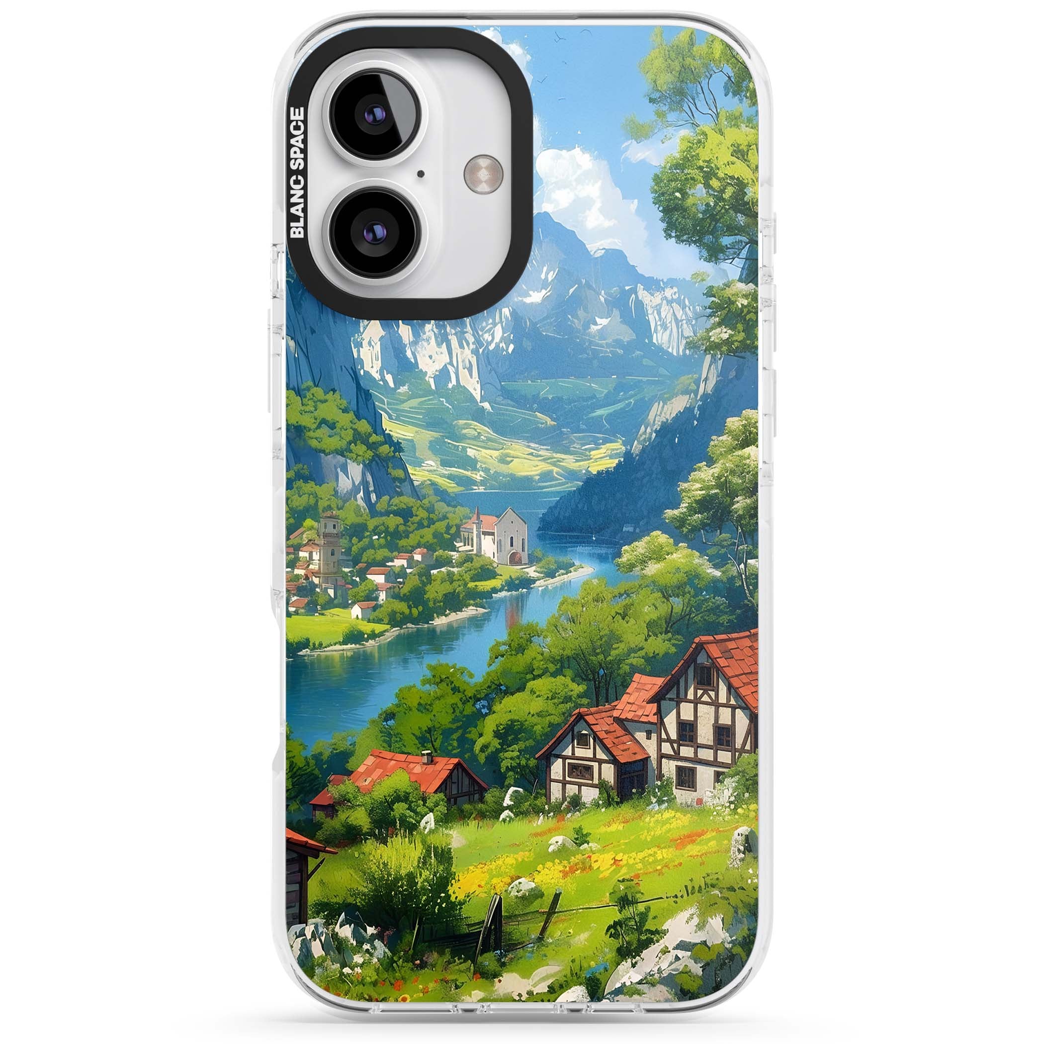 Village In The Valley anime iPhone case featuring a painted mountain village, river valley and half-timbered cottages. | Clear Impact case for iPhone 16, iPhone 16 Plus