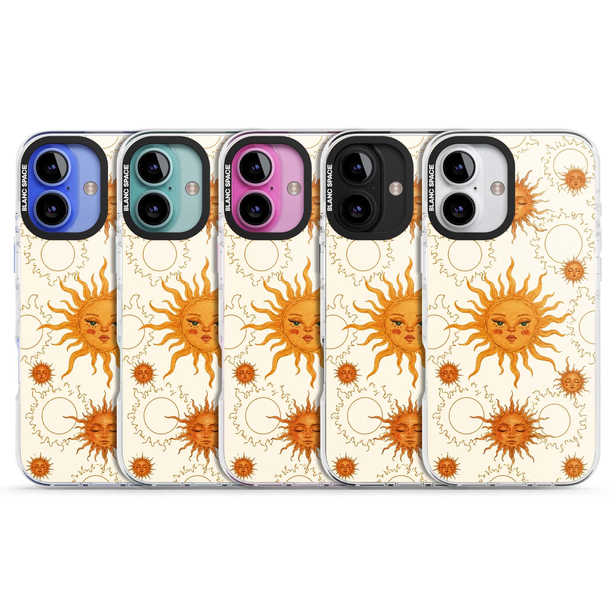 Solstice Muse celestial iPhone case featuring hand-painted golden sun faces, closed-eye sun goddesses and outlined moons... | Clear Impact case for iPhone 16, iPhone 16 Plus