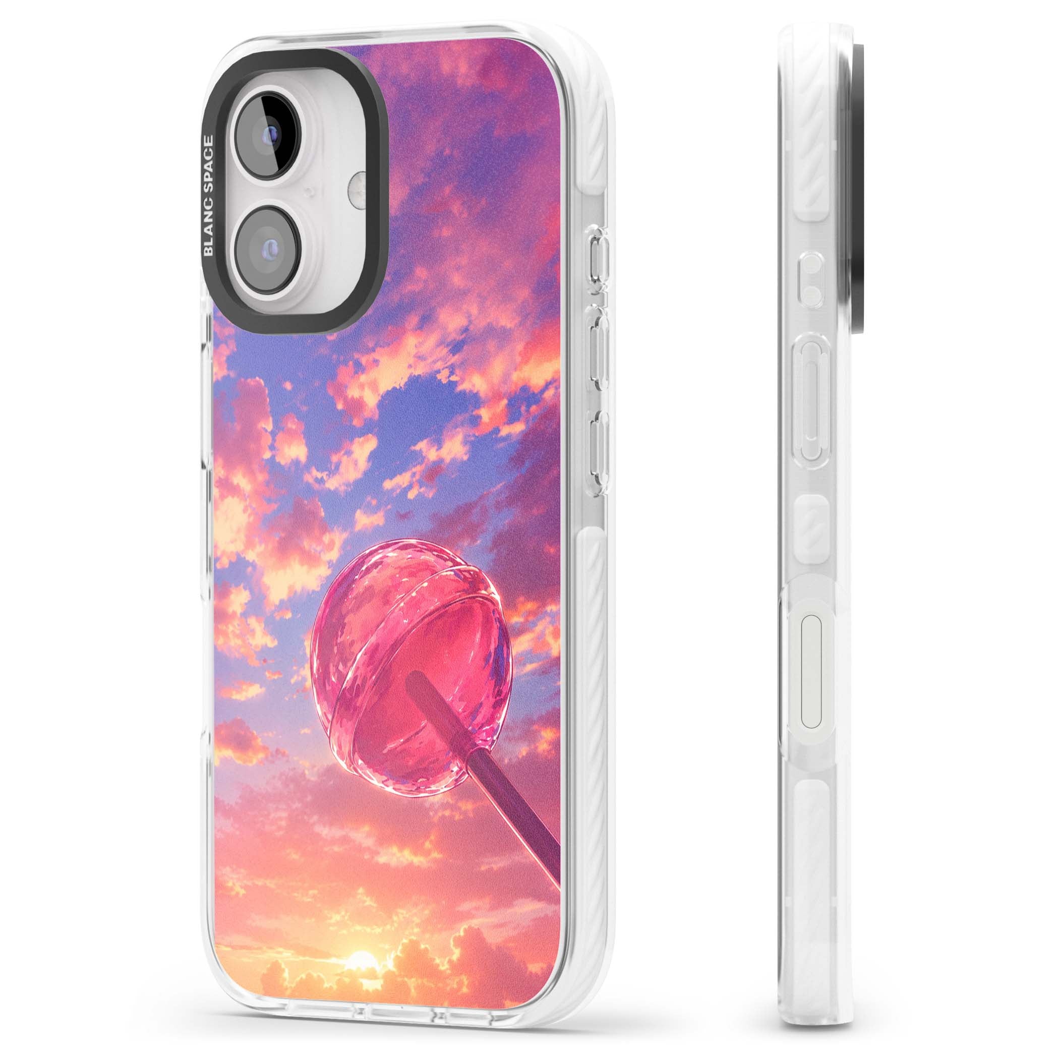 Sugar Sunset candy aesthetic iPhone case featuring a pink lollipop, pastel sunset sky and dreamy clouds | Clear Impact case for iPhone 16, iPhone 16 Plus