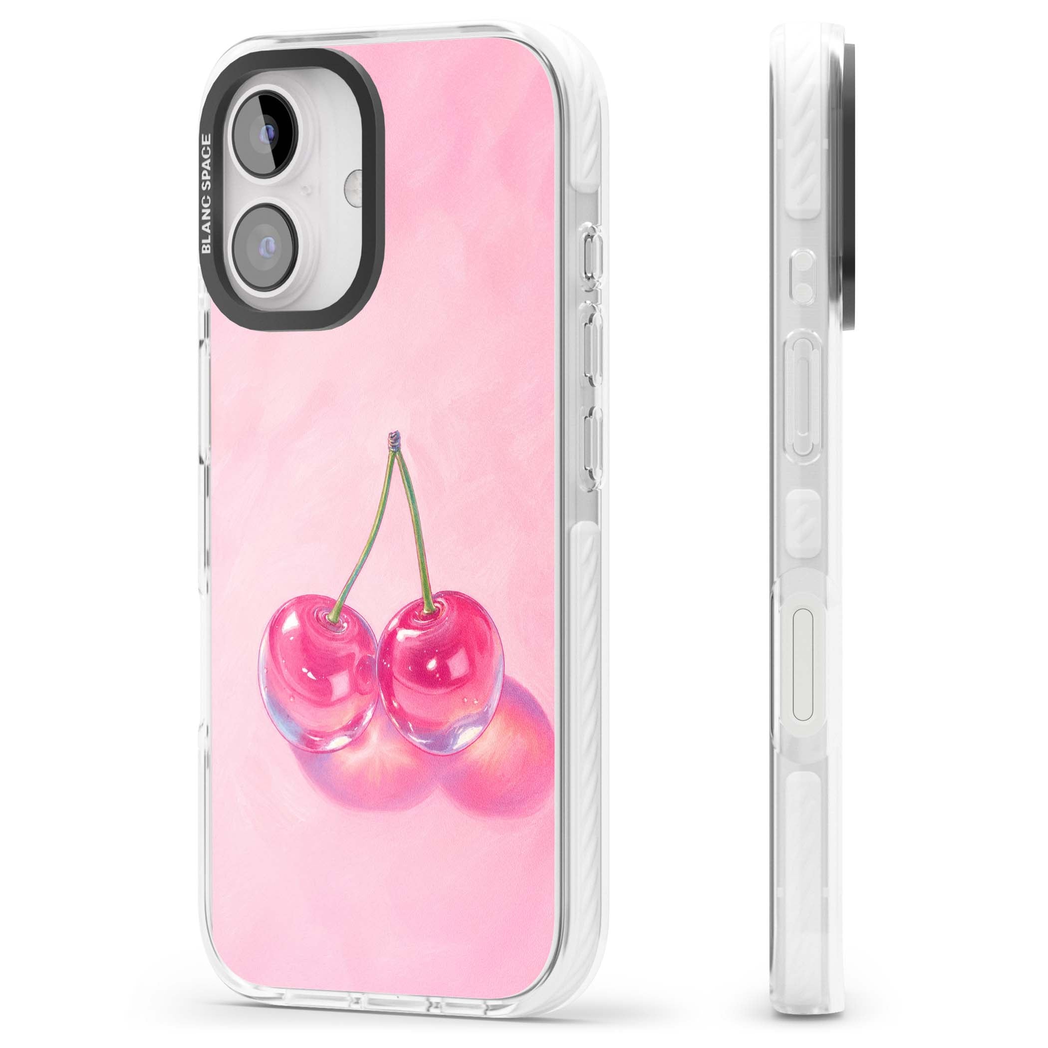 Pink Glass Cherry coquette iPhone case featuring two glossy painted cherries on a soft pink background | Clear Impact case for iPhone 16, iPhone 16 Plus