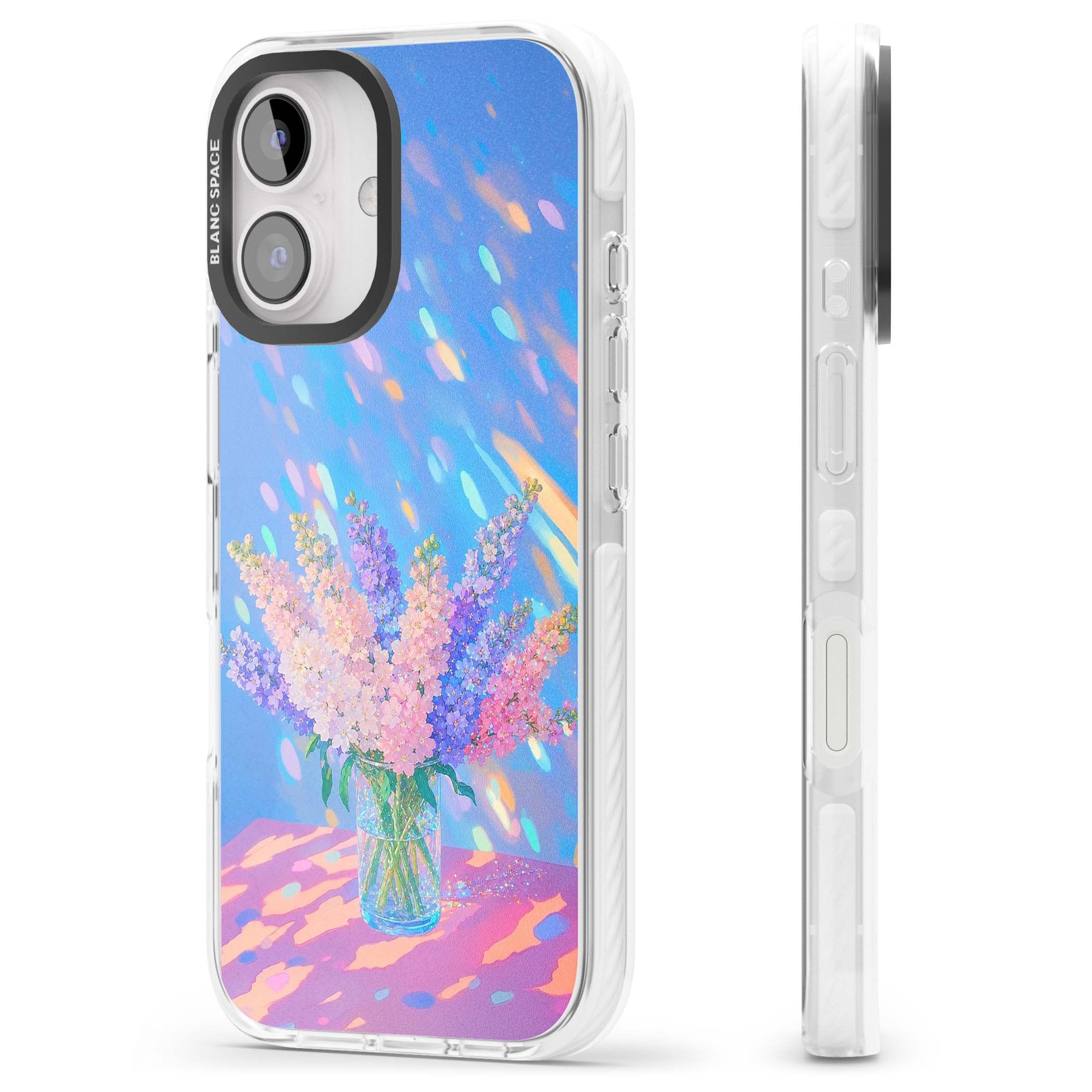 Bubblegum Flowers floral iPhone case featuring pastel lilac and pink bouquet in a glass vase with iridescent light | Clear Impact case for iPhone 16, iPhone 16 Plus